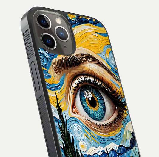 Van Gogh Eye Glass Case for iPhone 16 Pro close-up angled shot highlighting color blend and gloss reflection