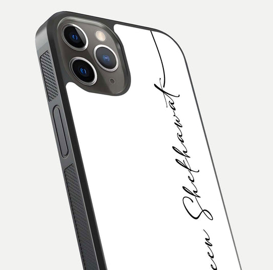 White Tune Custom Name Glass Case for iPhone 13 Pro close-up angled shot highlighting gloss reflection and texture