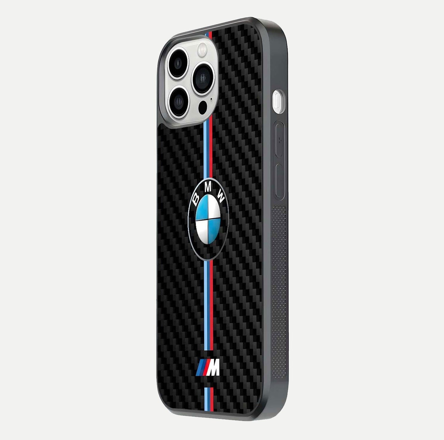 BMW Pattern Glass Case for iPhone 13 Pro Max side-angle image showing edge finish and luxury car-inspired shine