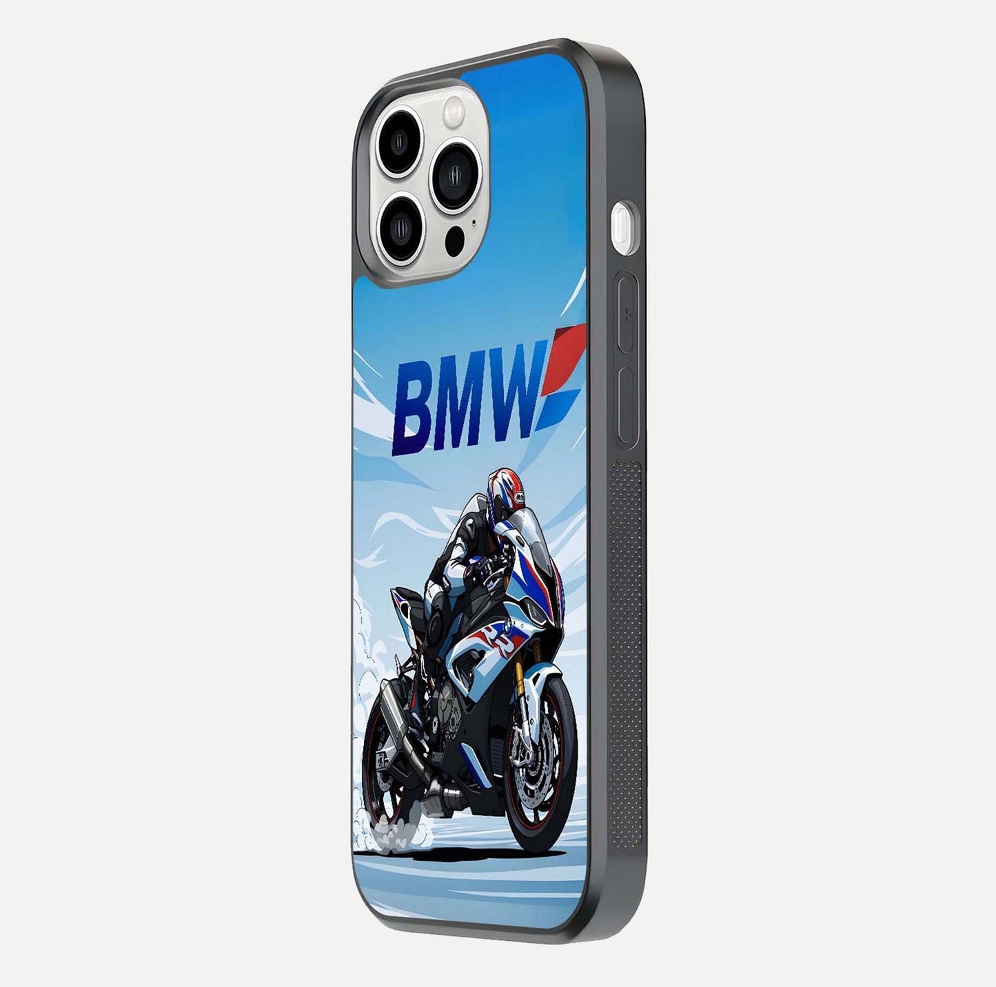 BMW Power Drift Glass Case for iPhone 13 Pro Max side-angle image emphasizing smooth finish and detailed design