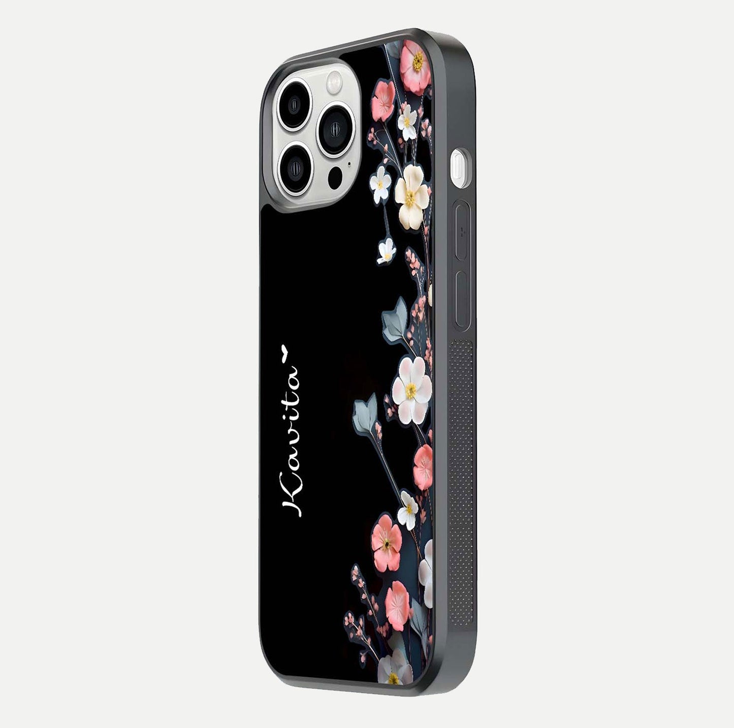 Black Elegance Floral Custom Name Glass Case for iPhone 13 Pro Max side-angle showing black gloss depth and delicate print texture