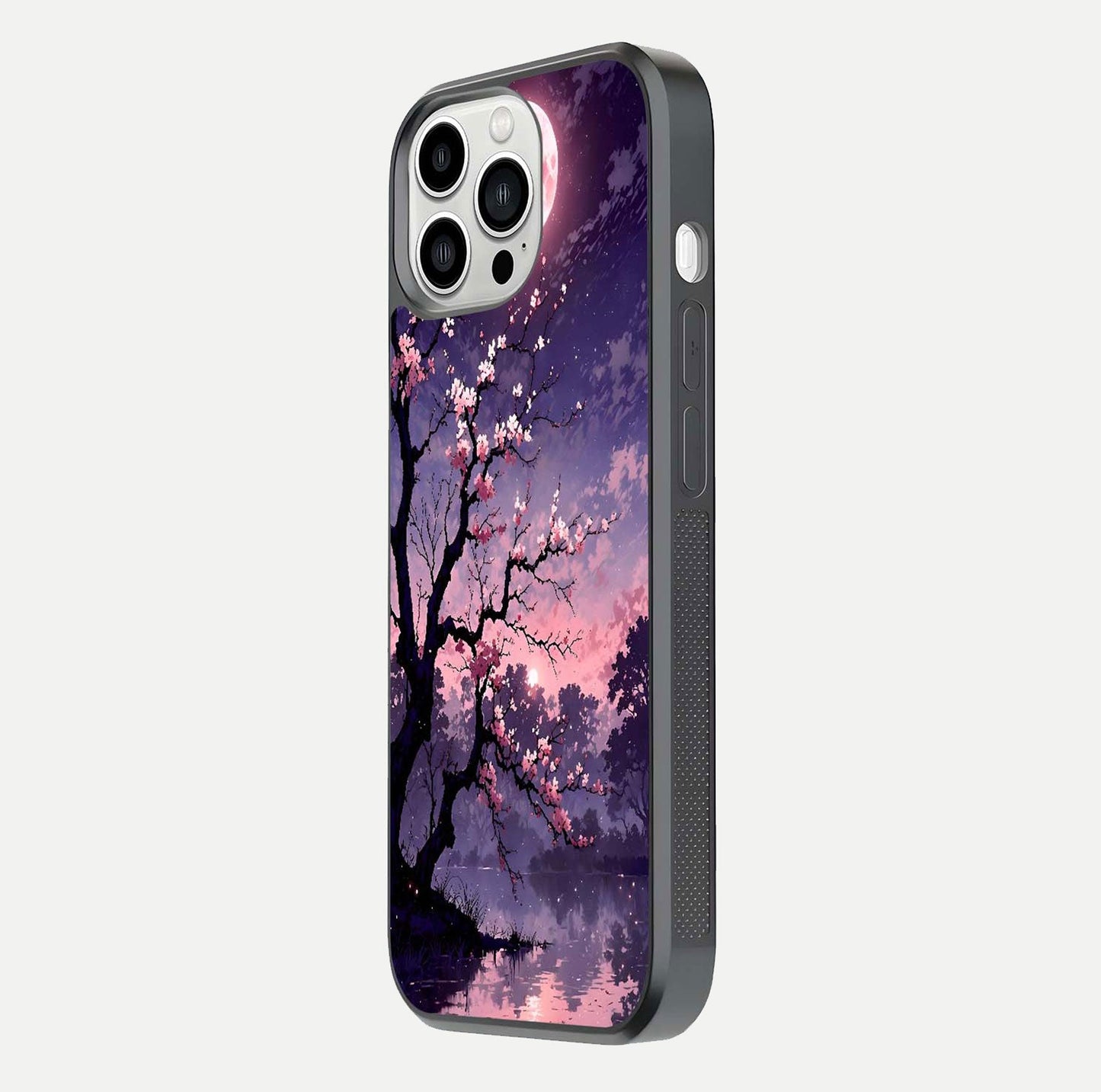 Blossom Pink Moon Glass Case for iPhone 13 Pro Max side-angle image showing glossy curve and floral-moon balance