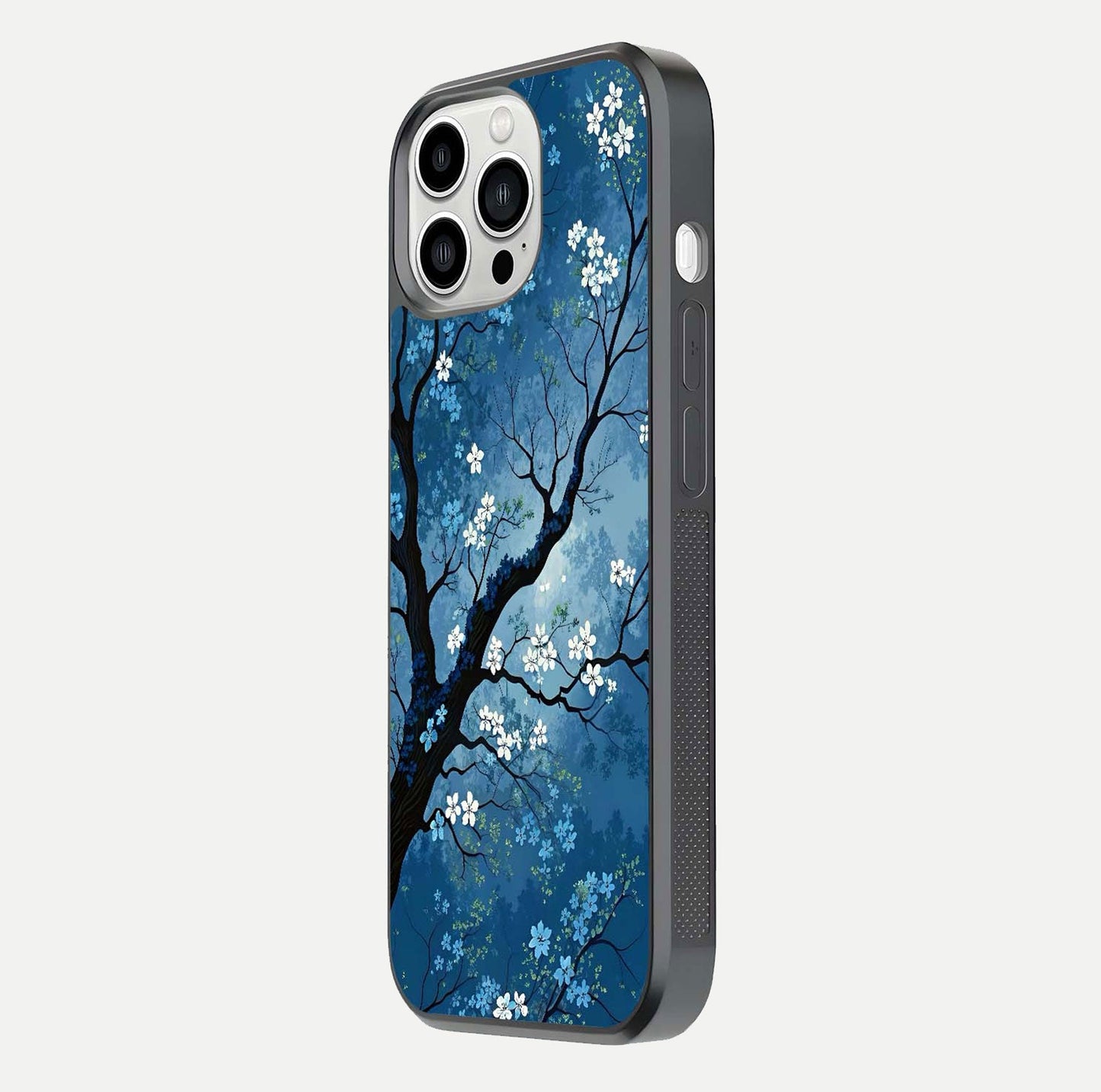 Blue Tree Serenity Glass Case for iPhone 13 Pro Max side-angle shot showing glossy edge and tree pattern reflection