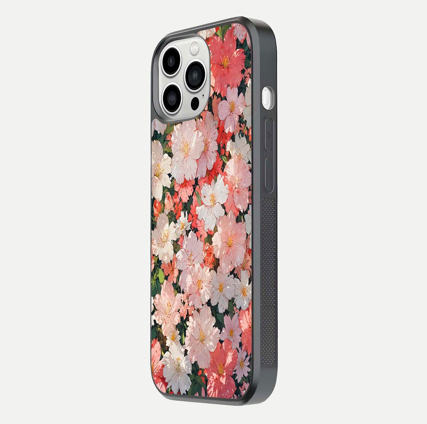 Blush Bloom Field Glass Case for iPhone 13 Pro Max side-angle image showing petal pattern gloss and smooth edges