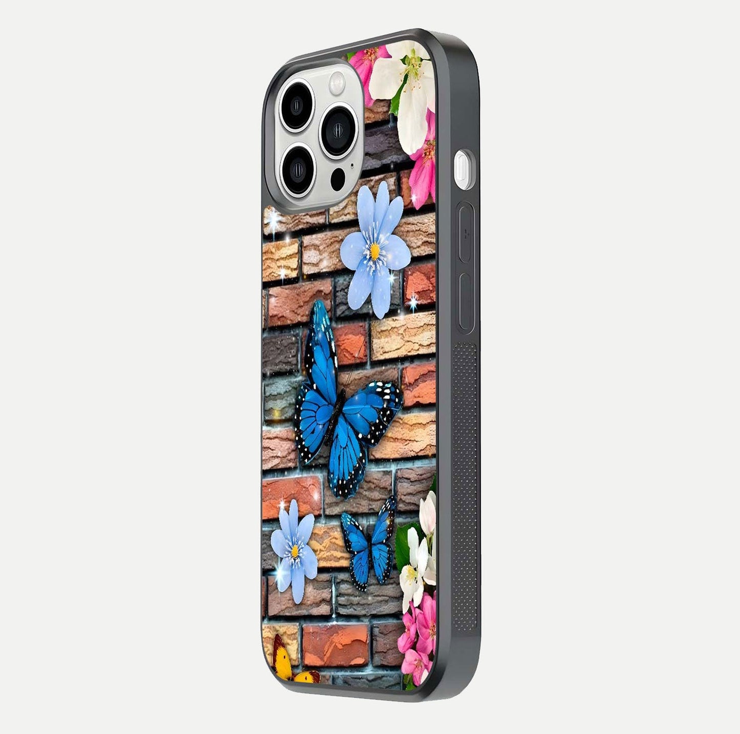 Brick Bloom Flight Glass Case for iPhone 13 Pro Max side-angle photo showing curve shine and detailed petal contrast