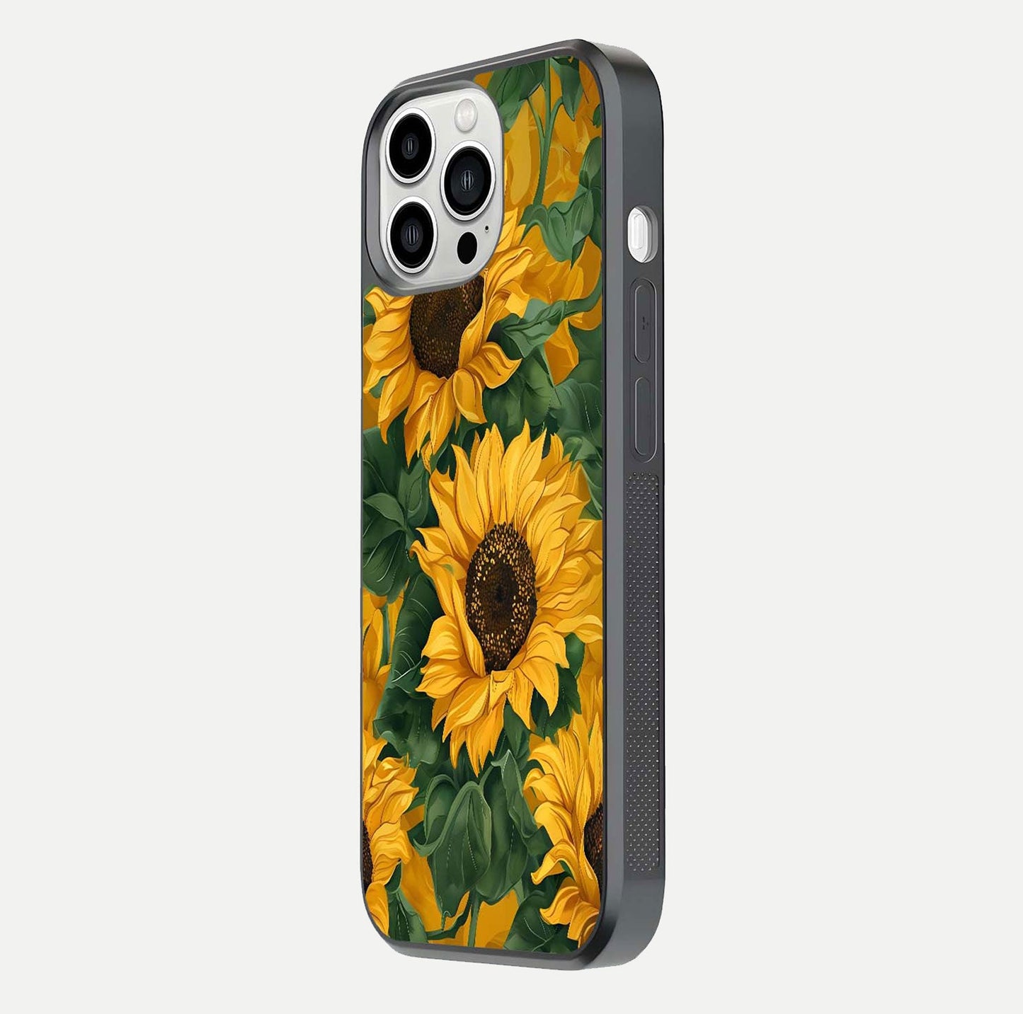 Bright Sunflower Bloom Glass Case for iPhone 13 Pro Max side-angle image showing shine texture and detailed bloom