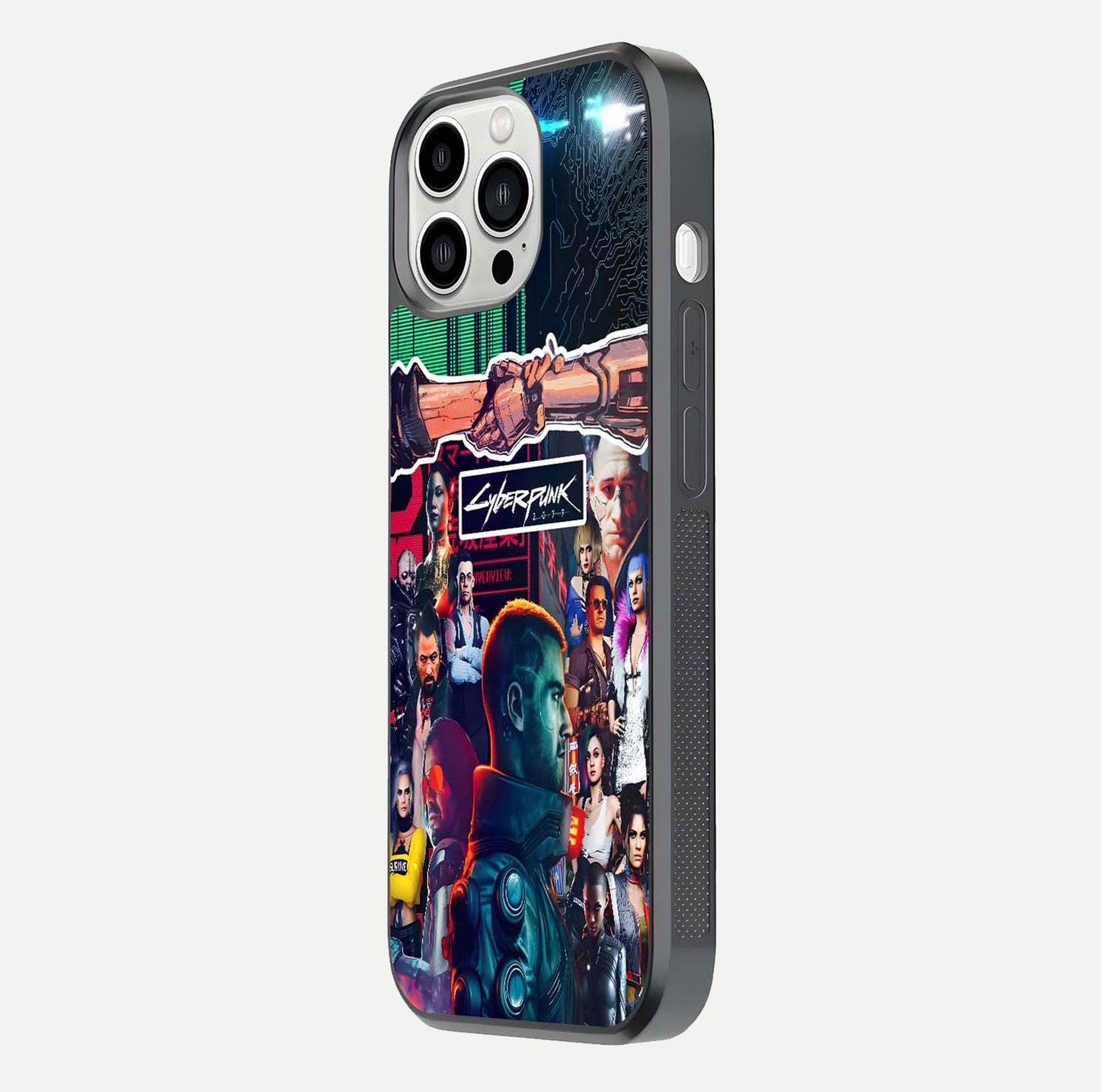 CYBERPUNK Legacy Glass Case for iPhone 13 Pro Max side-angle photo showing edge glow and reflective surface
