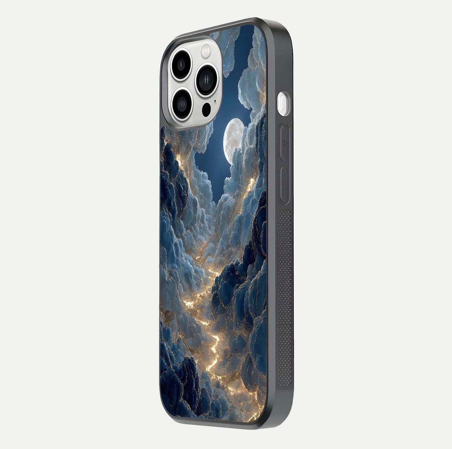Celestial Cloud Road Glass Case for iPhone 13 Pro Max side-angle image showing soft pastel tones and edge clarity