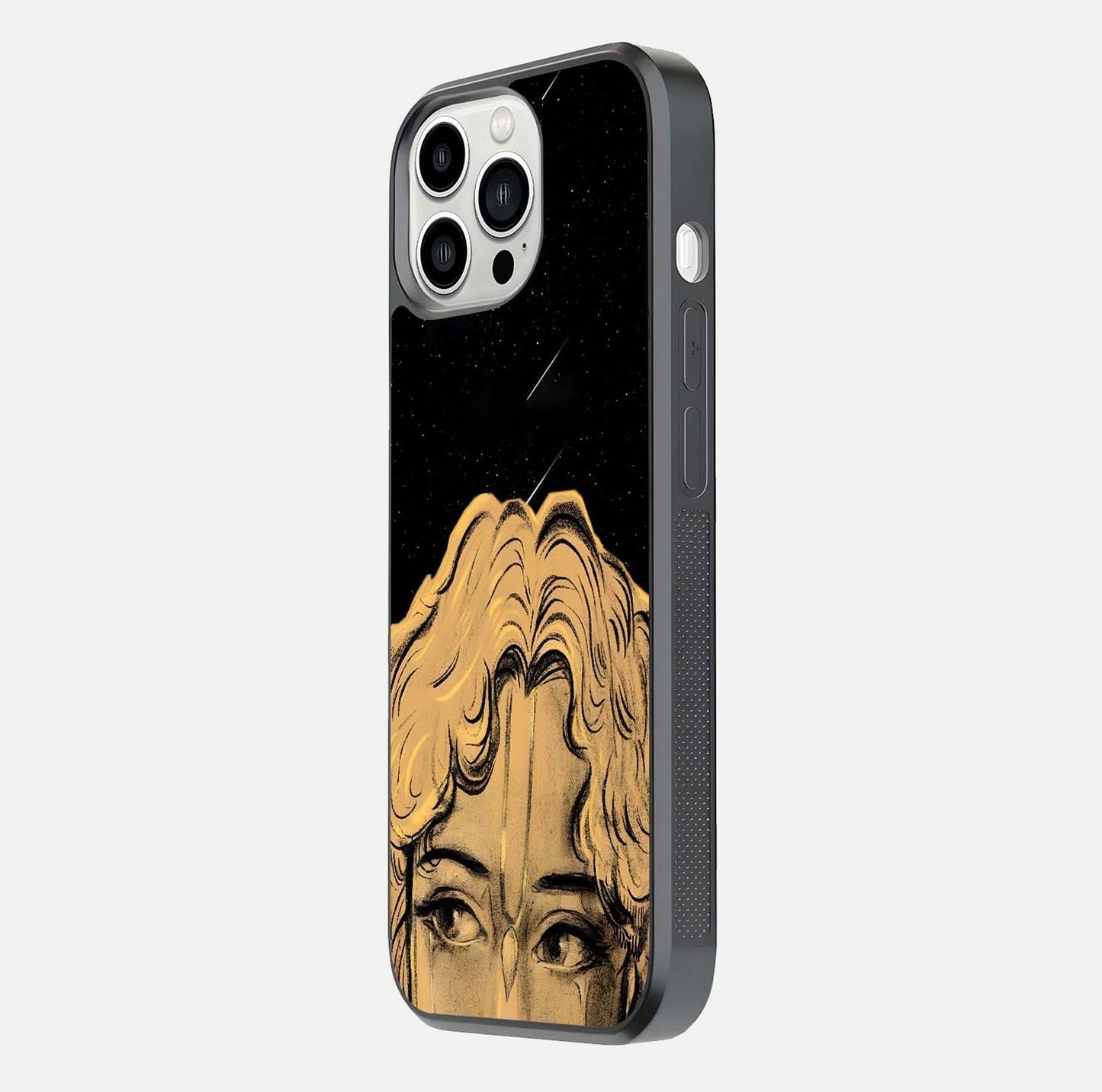 Celestial God’s Plan Glass Case for iPhone 13 Pro Max side-angle image showing gloss, camera frame, and cosmic tones