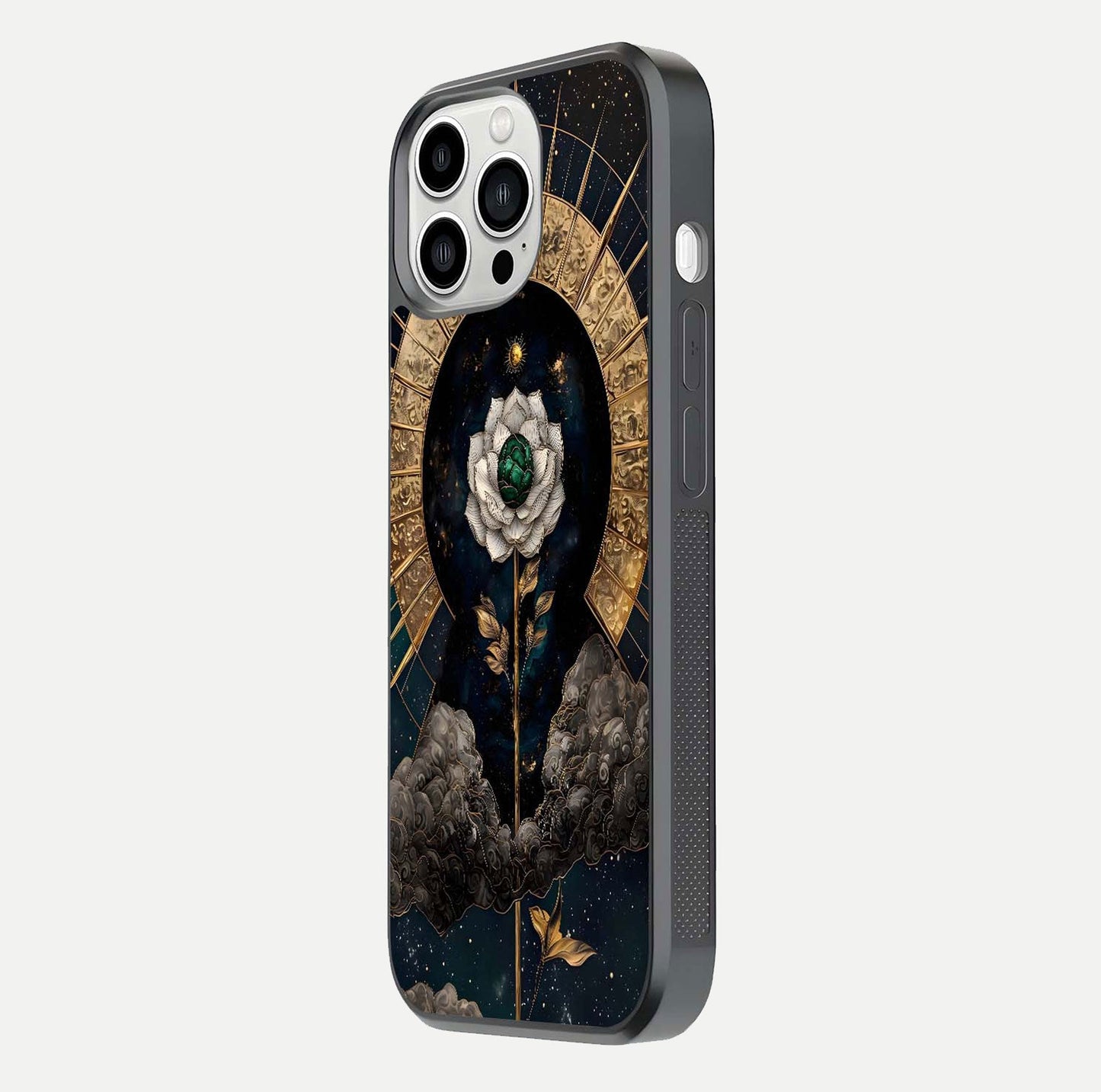Celestial Lotus Morang Glass Case for iPhone 13 Pro Max side-angle image capturing shine and smooth curvature