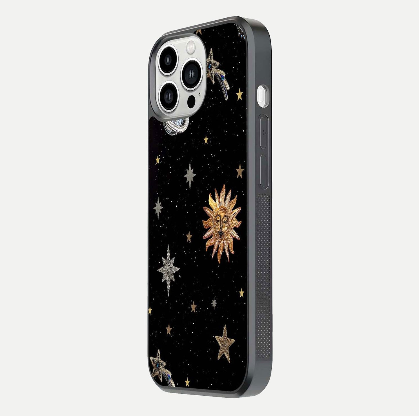 Celestial Moon With Stars Glass Case for iPhone 13 Pro Max side-angle view showing curved edges and shimmer glow