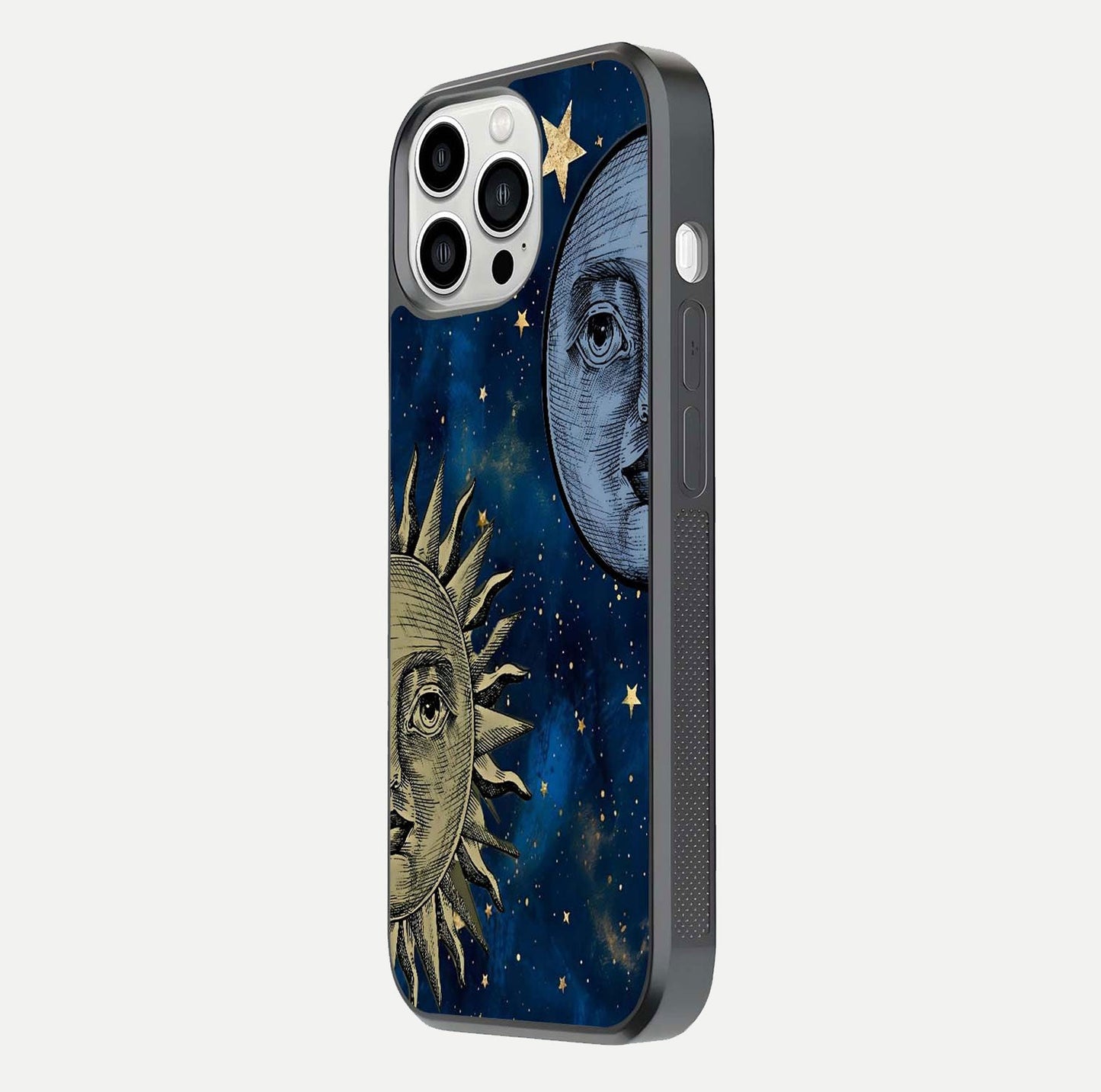 Celestial Moon With Sun Glass Case for iPhone 13 Pro Max side-angle image showing reflection tones and cosmic edge