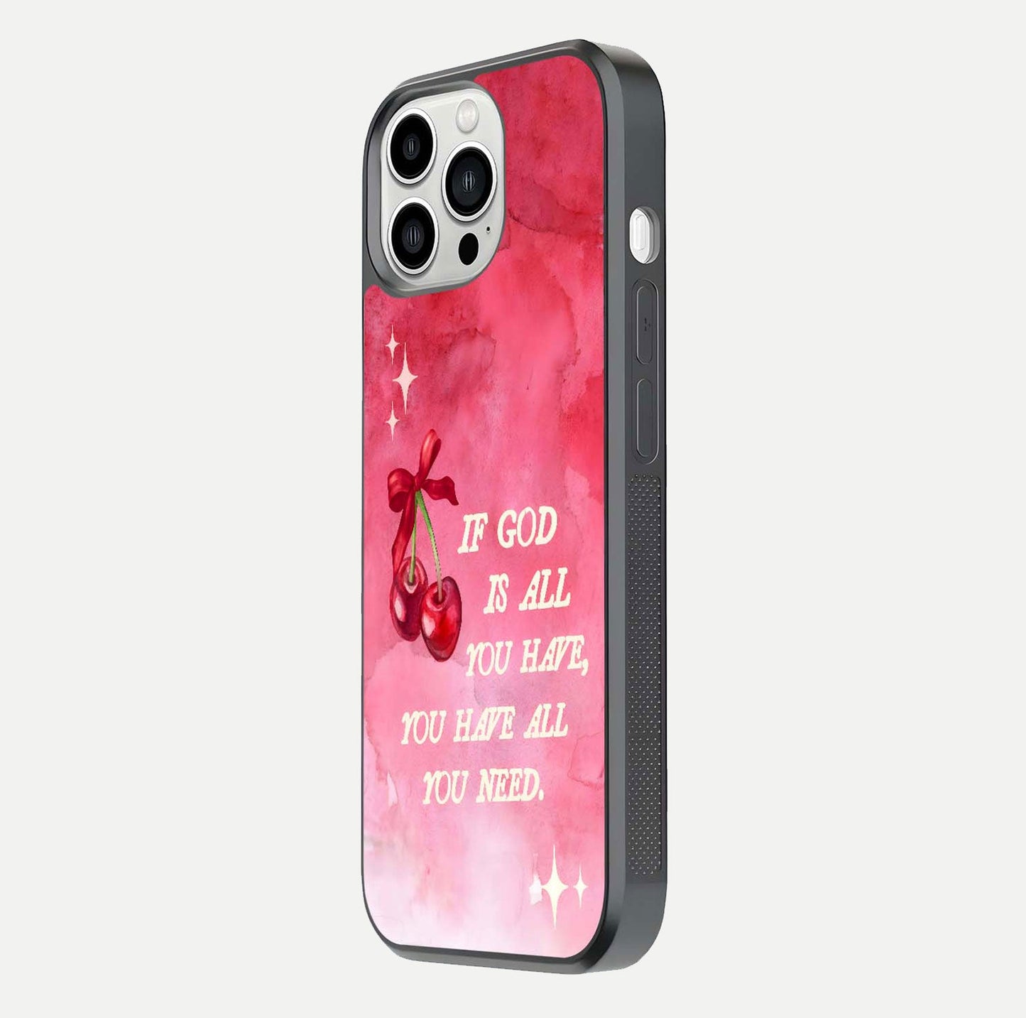 Cherry Quote Glass Case for iPhone 13 Pro Max side-angle image showing curve glow and glass detail