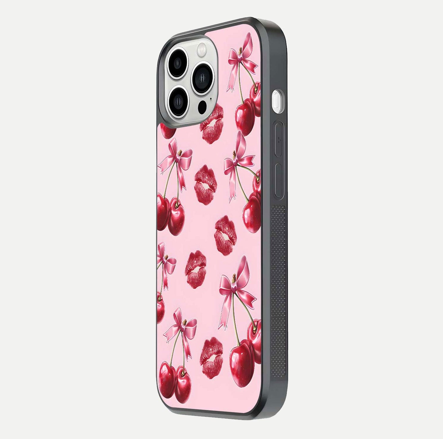Cherry With Lips Glass Case for iPhone 13 Pro Max side-angle image showing gloss reflection and fine details