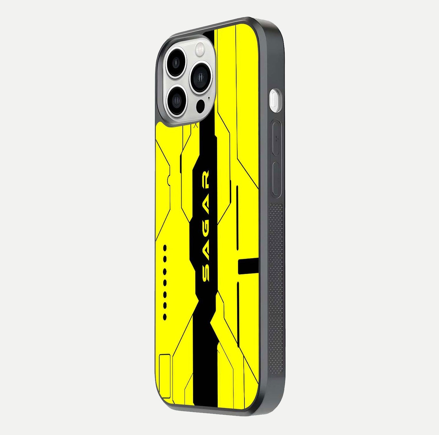 Circuit CYBERPUNK Custom Name Glass Case for iPhone 13 Pro Max side-angle image showing reflective finish and design precision