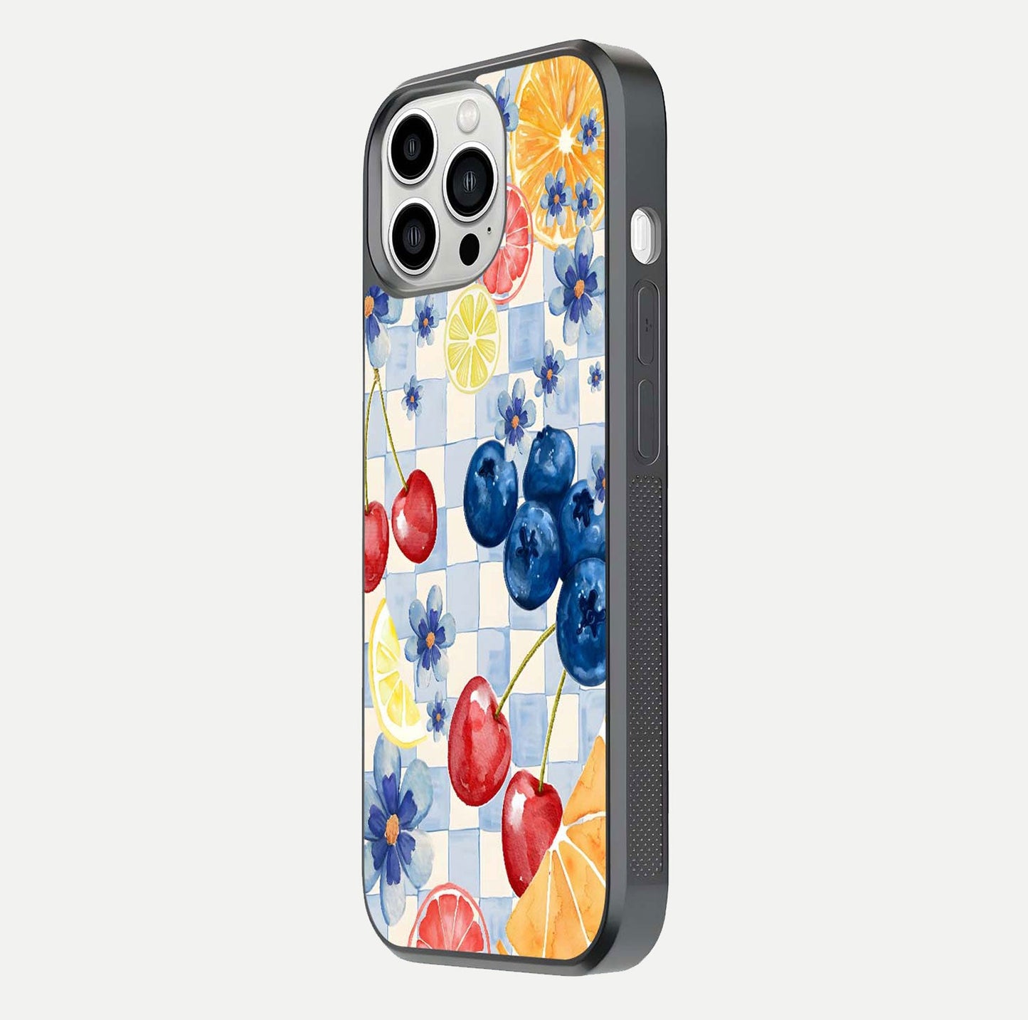 Citrus Bloom Joy Glass Case for iPhone 13 Pro Max side-angle photo capturing bright color and glass reflection
