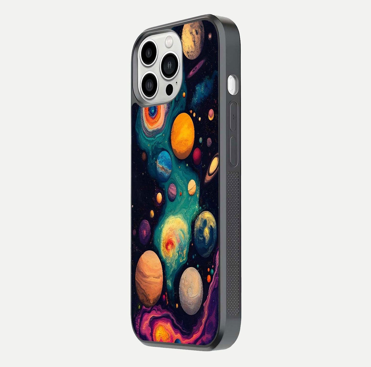 Cosmic Planet Journey Glass Case for iPhone 13 Pro Max side-angle image capturing smooth gloss and reflective edges