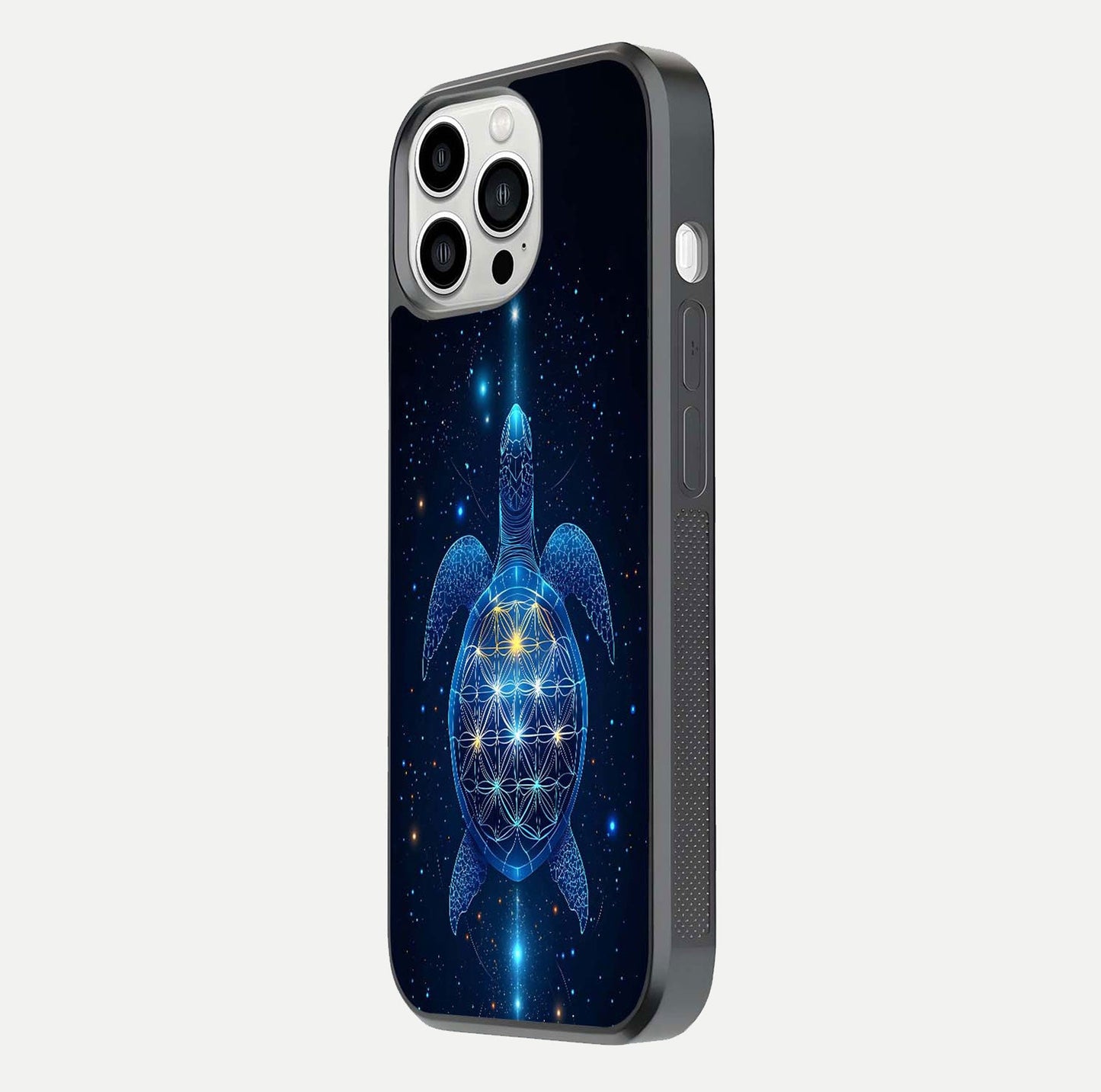 Crimson Blue Turtle Glass Case for iPhone 13 Pro Max side-angle photo showing curved edge and glass gloss