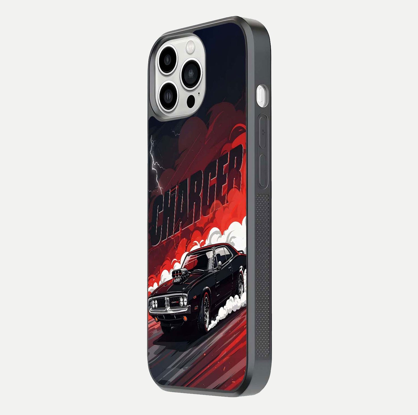 Dark Charger Fury Glass Case for iPhone 13 Pro Max side-angle image showing edge gloss and bold tone