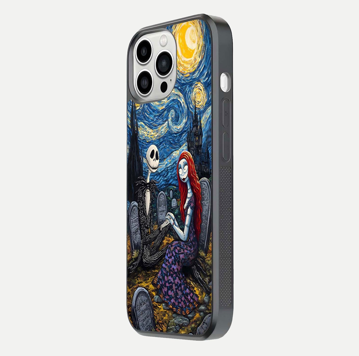 Eternal Night Love Glass Case for iPhone 13 Pro Max side-angle photo showing edge shine and soft reflection