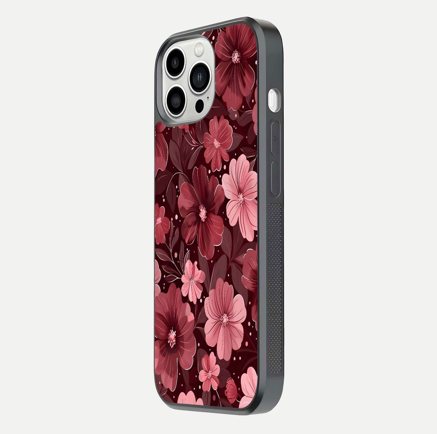 Flower Blush Bloom Glass Case for iPhone 13 Pro Max side-angle photo showing glass reflection and delicate hues