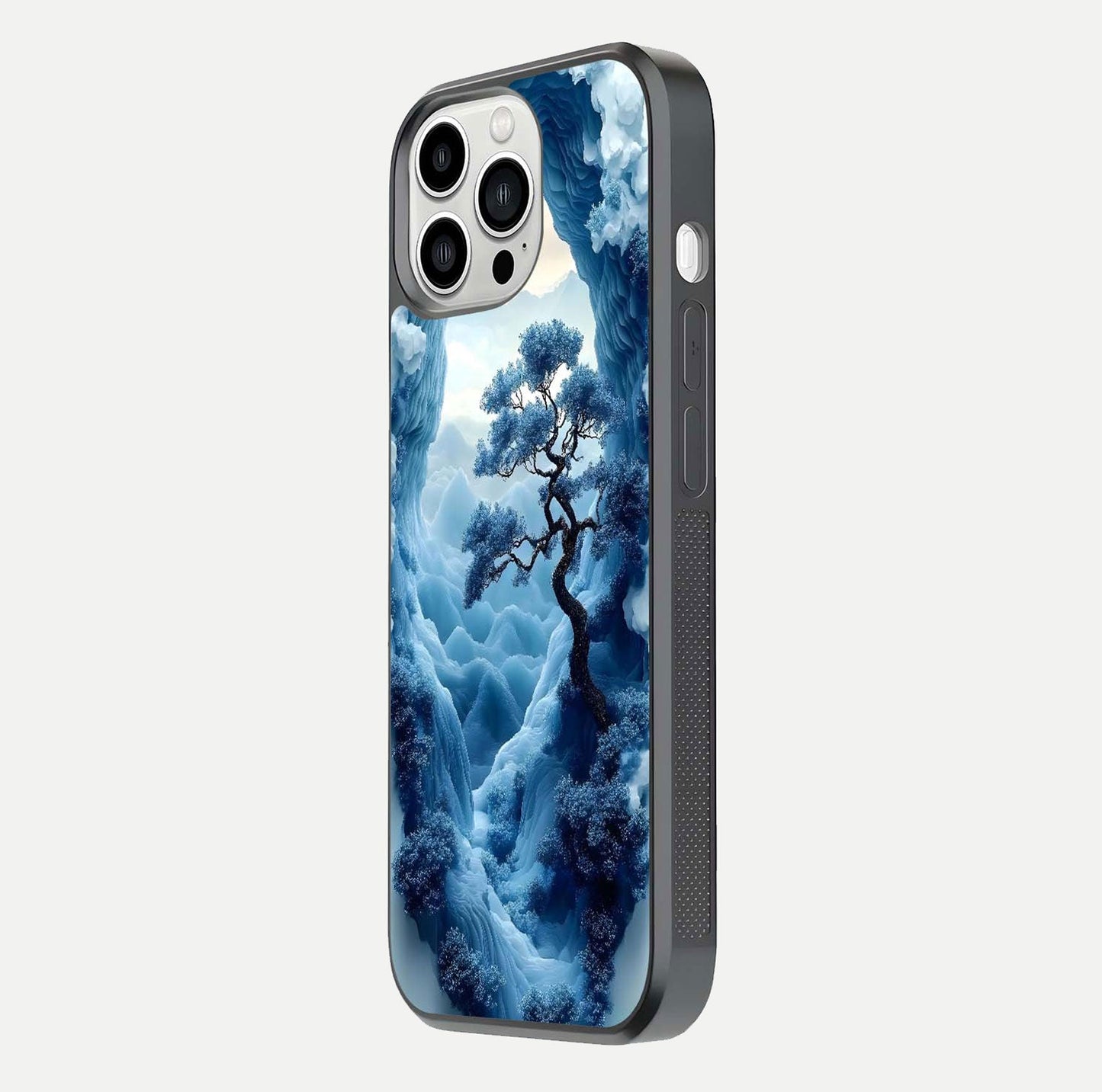 Frozen Serenity Gate Glass Case for iPhone 13 Pro Max side-angle photo showing reflective surface and cold tones