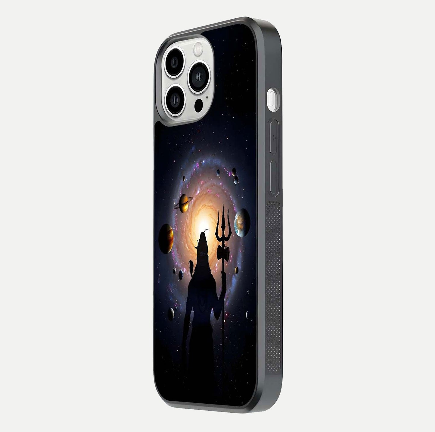 Galactic Shiva Vision Glass Case for iPhone 13 Pro Max side-angle image showing light reflection, glass edges, and spiritual cosmic theme