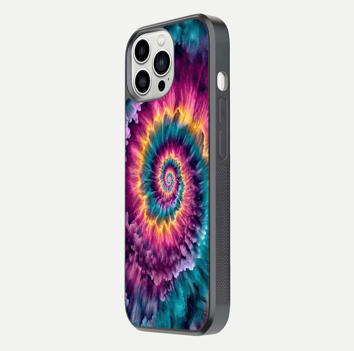Galactic Spiral Burst Glass Case for iPhone 13 Pro Max side-angle image showing reflection clarity and vivid galactic texture