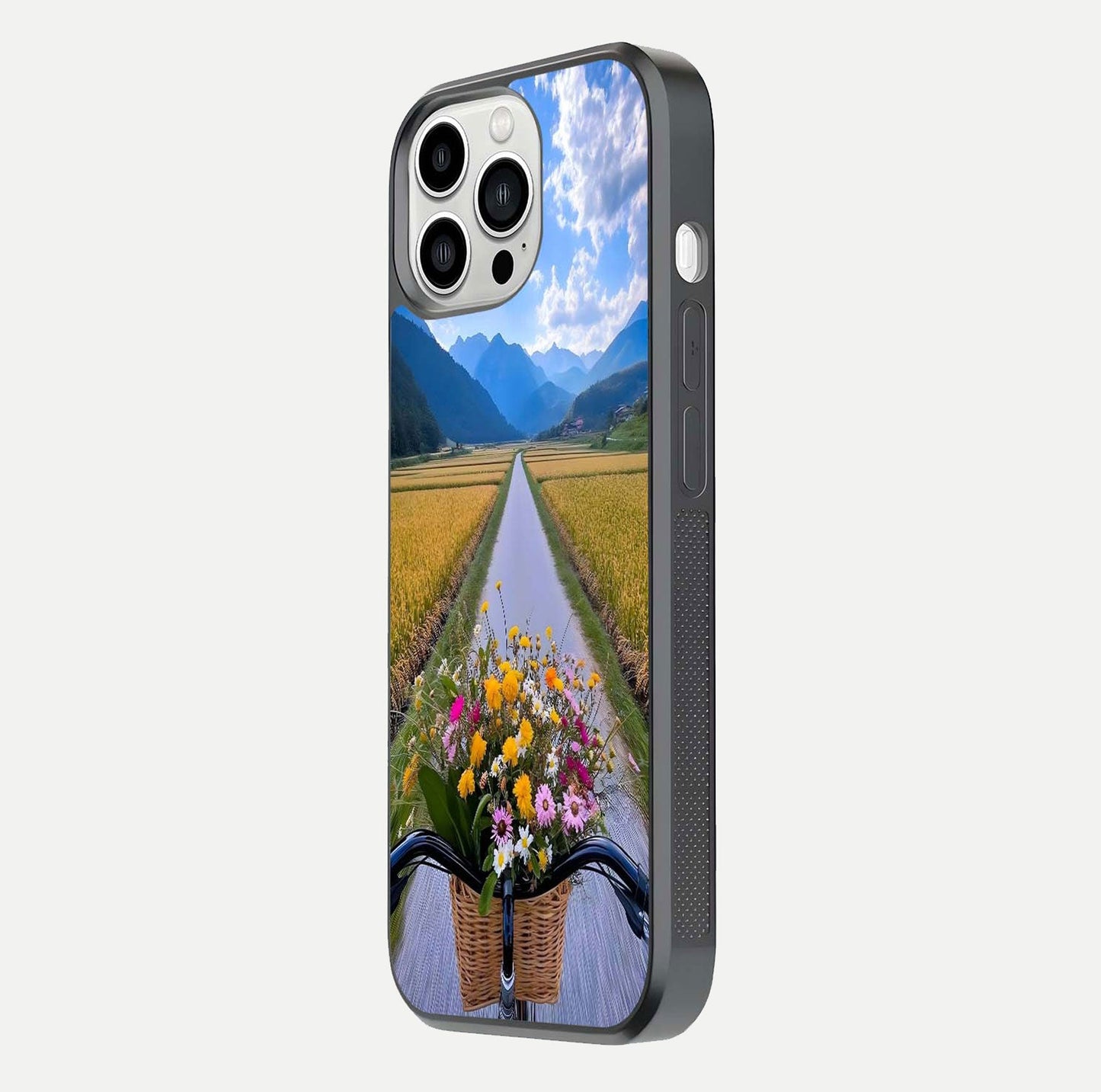 Golden Field Journey Glass Case for iPhone 13 Pro Max side-angle image showing golden glow, reflection shine, and curved edge
