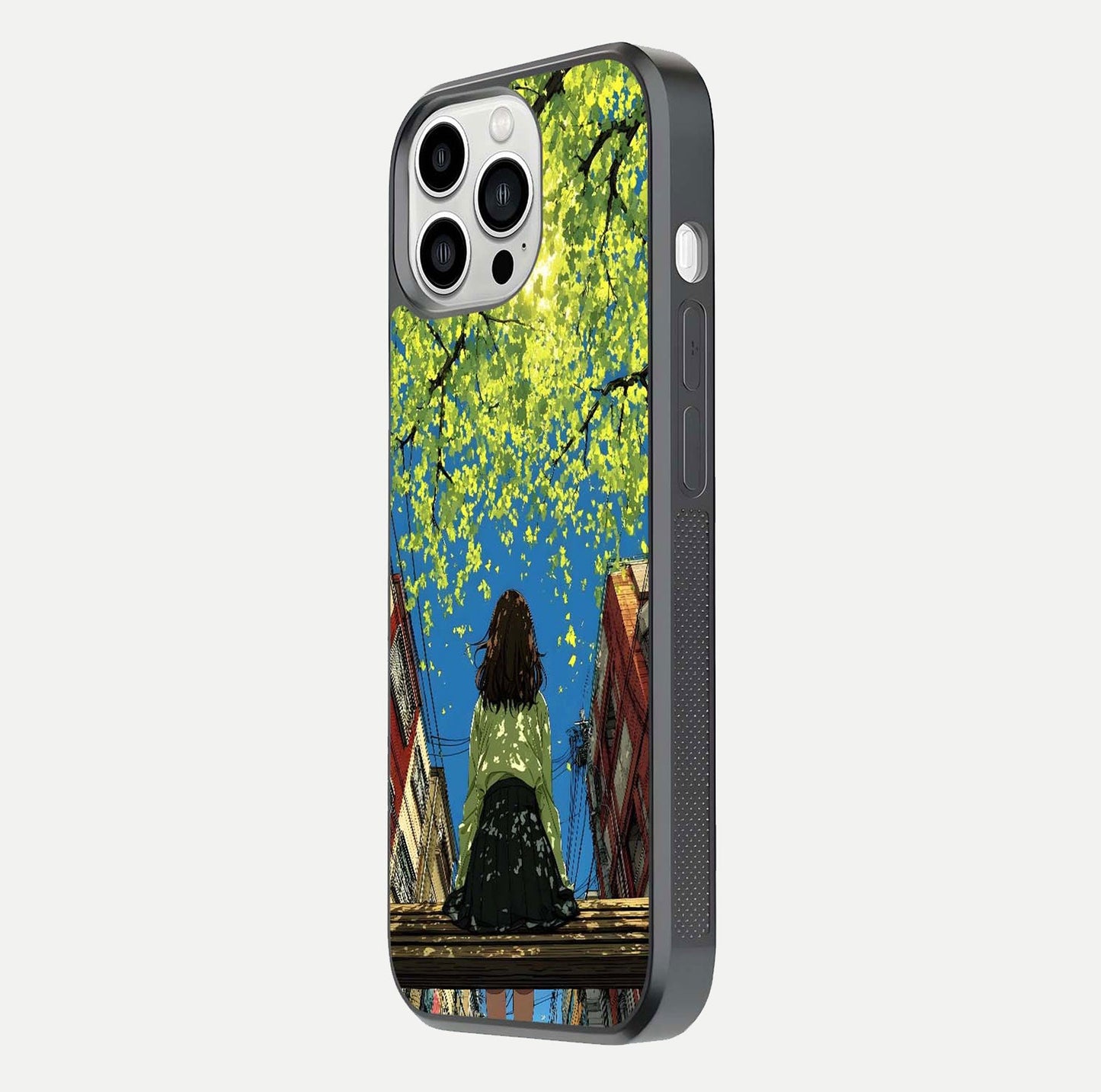 Golden Leaves Glow Glass Case for iPhone 13 Pro Max side-angle image showing reflection polish and elegant pattern