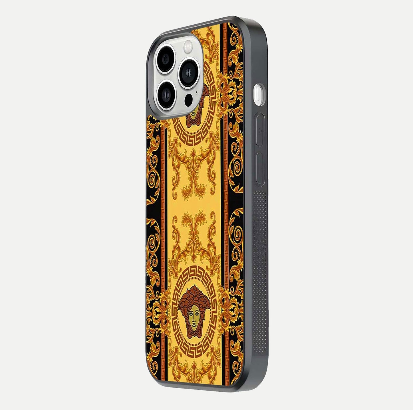Golden Royal Heritage Glass Case for iPhone 13 Pro Max side-angle image showing reflection glow and luxury detailing