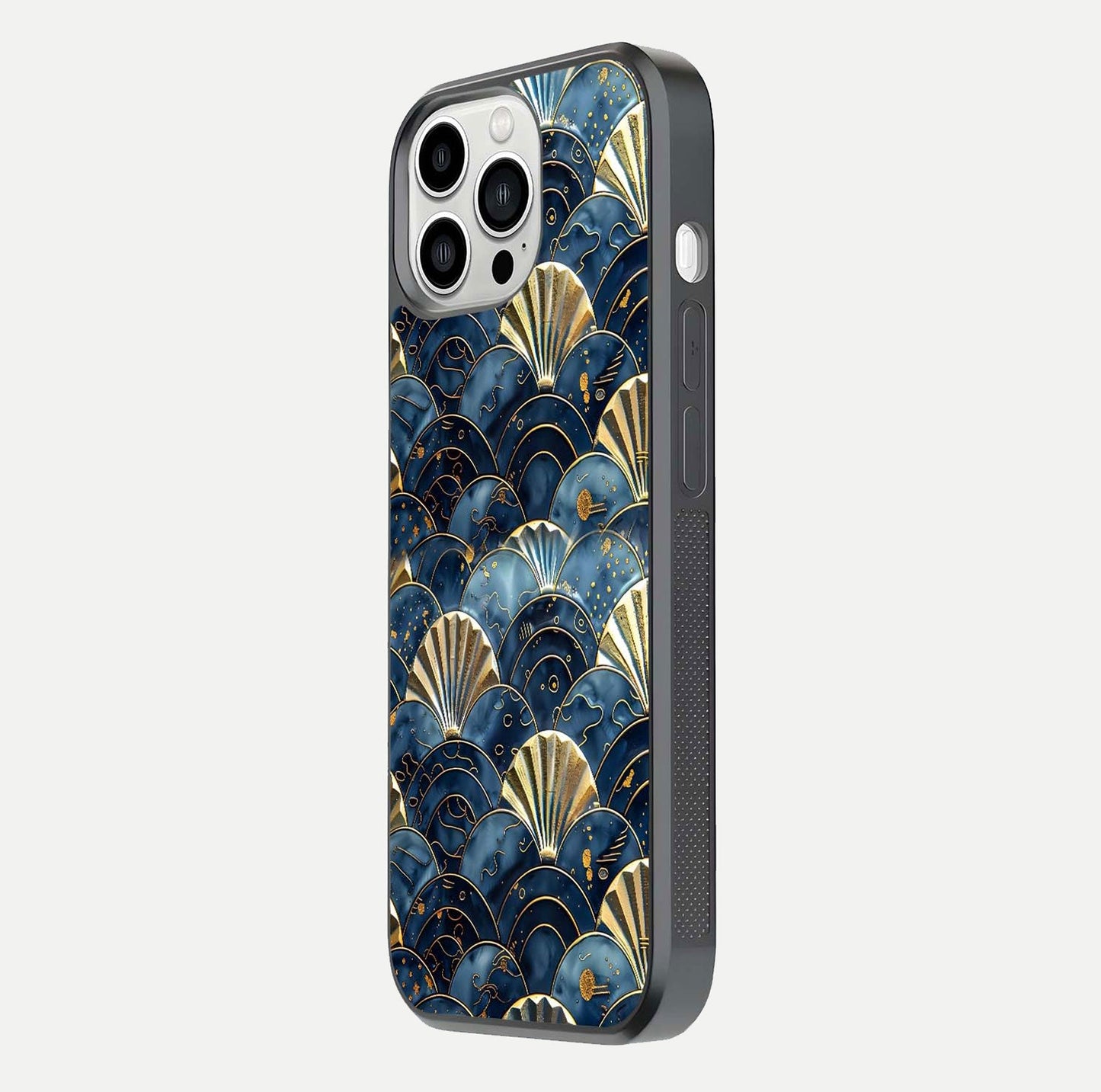 Golden Wave Luxe Glass Case for iPhone 13 Pro Max side-angle image showing reflection clarity and polished finish