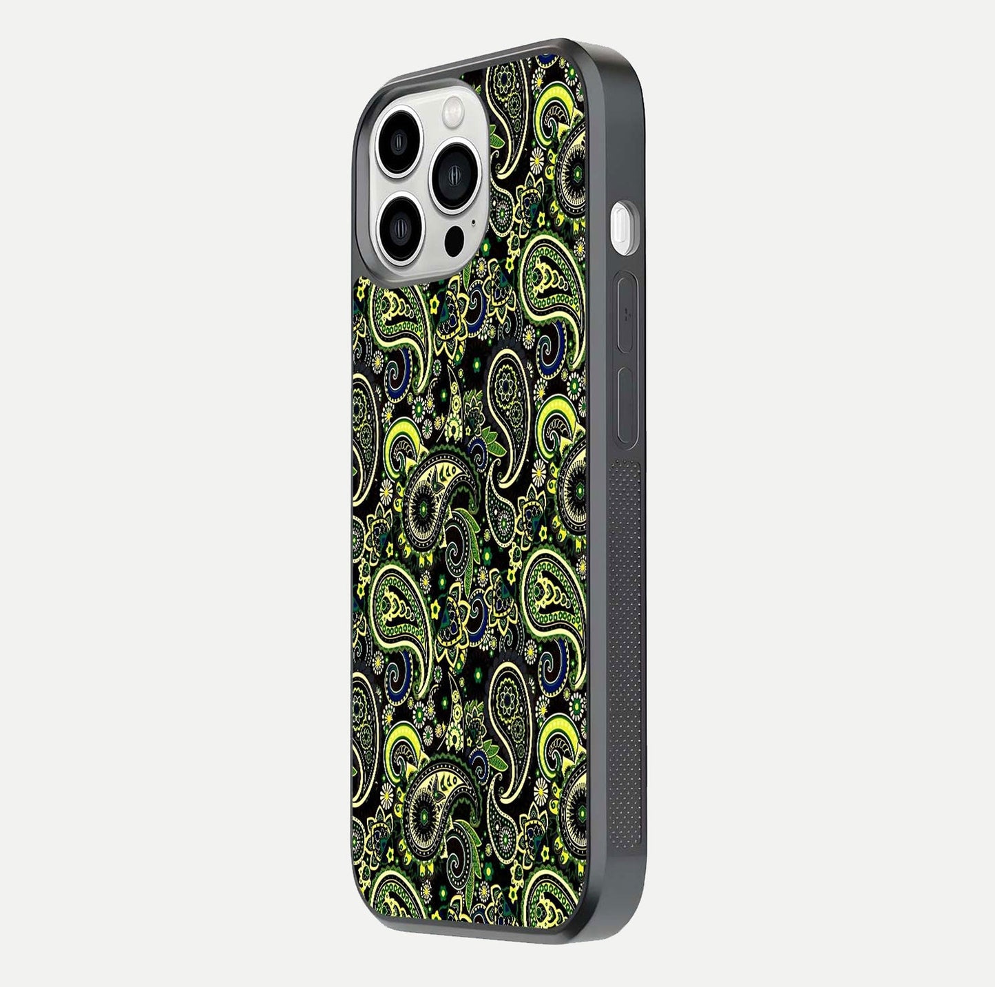 Green Mandala Pattern Glass Case for iPhone 13 Pro Max side-angle image showing reflection clarity and detailed pattern lines