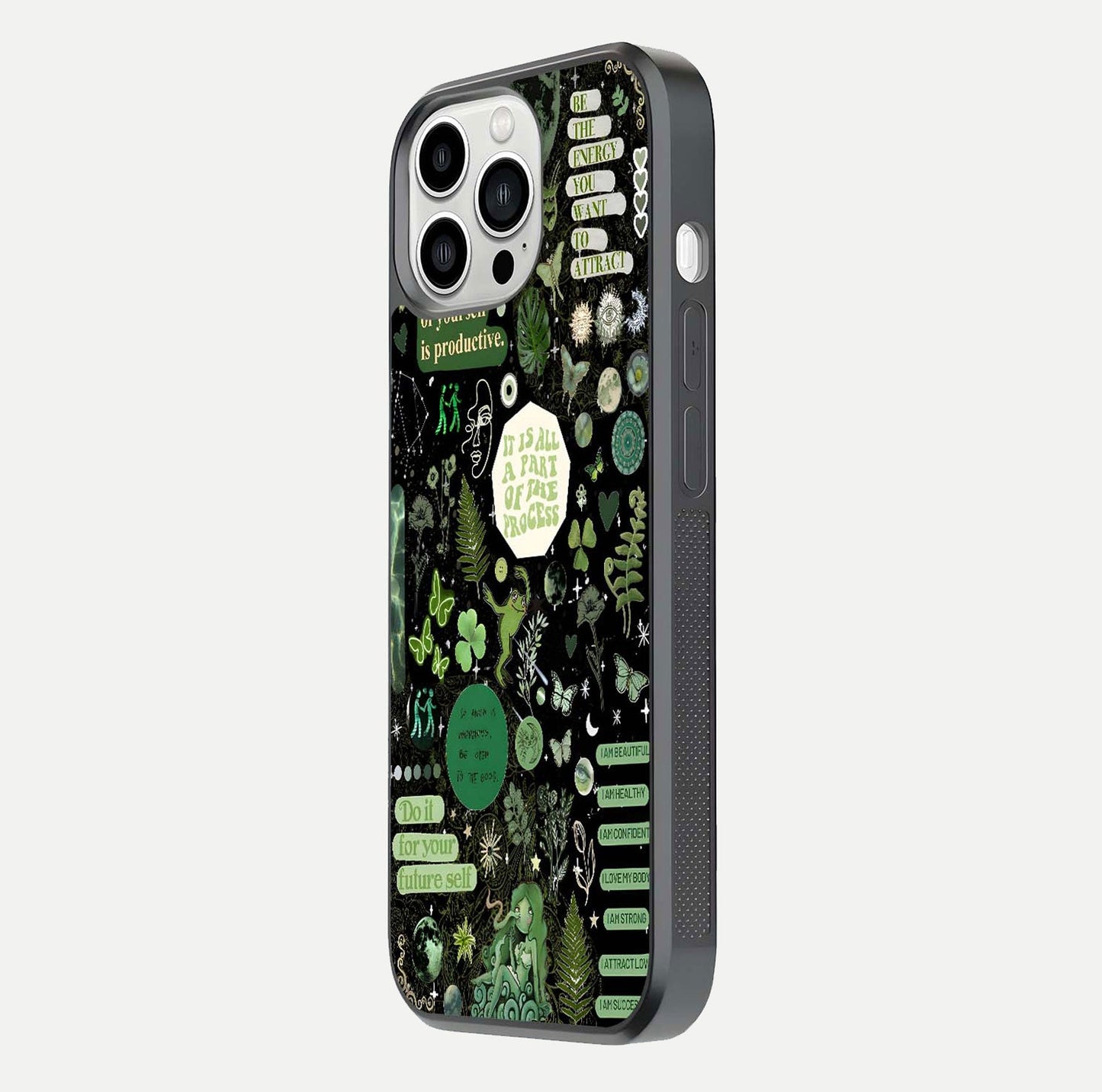 Green Moon Energy Glass Case for iPhone 13 Pro Max side-angle image showing reflection brilliance and curved finish