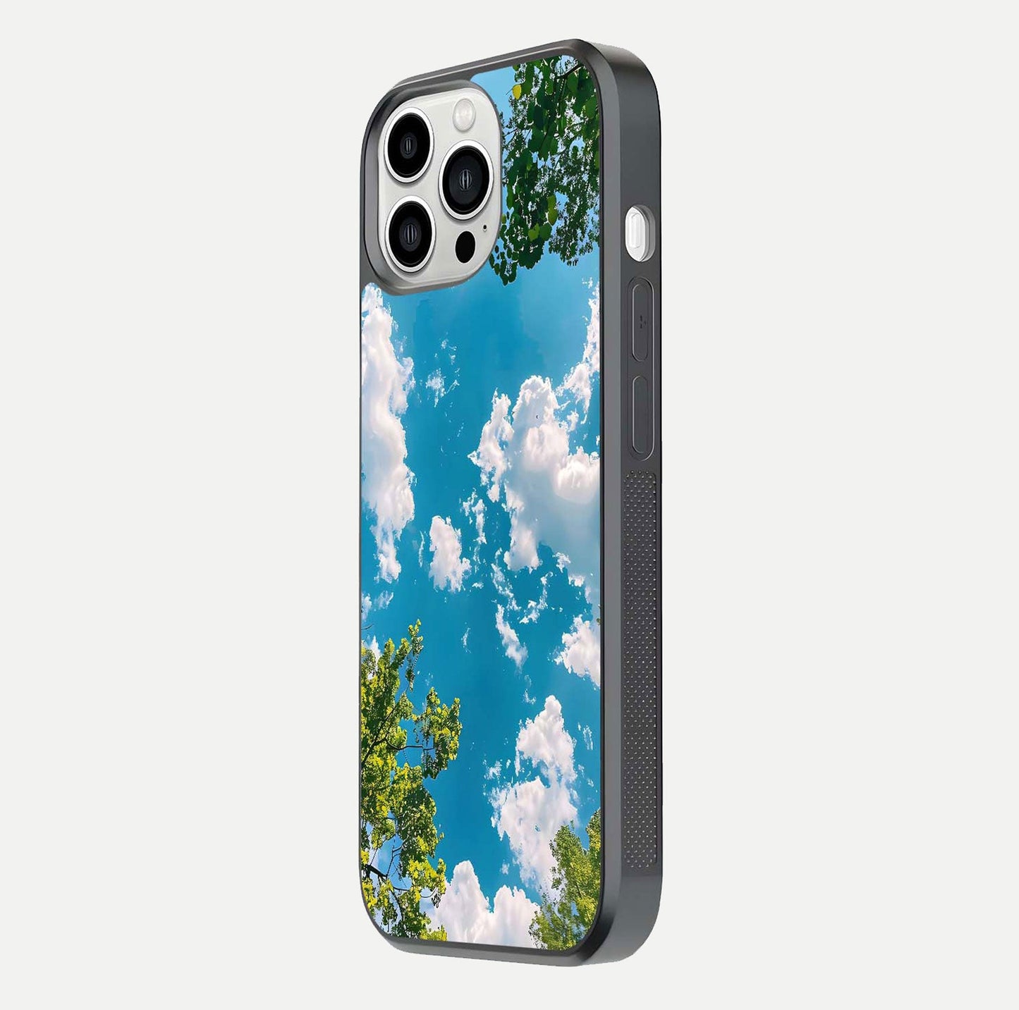 Greenery Sky Glass Case for iPhone 13 Pro Max side-angle image showing reflection glow and nature-themed pattern