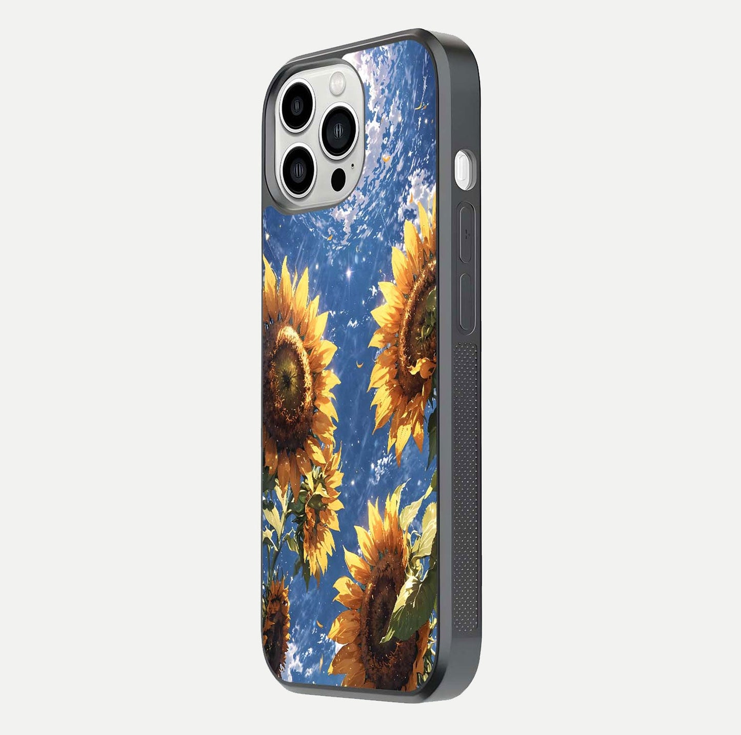 Heavenly Sunflower Rise Glass Case for iPhone 13 Pro Max side-angle image showing reflection glow and soft yellow tone