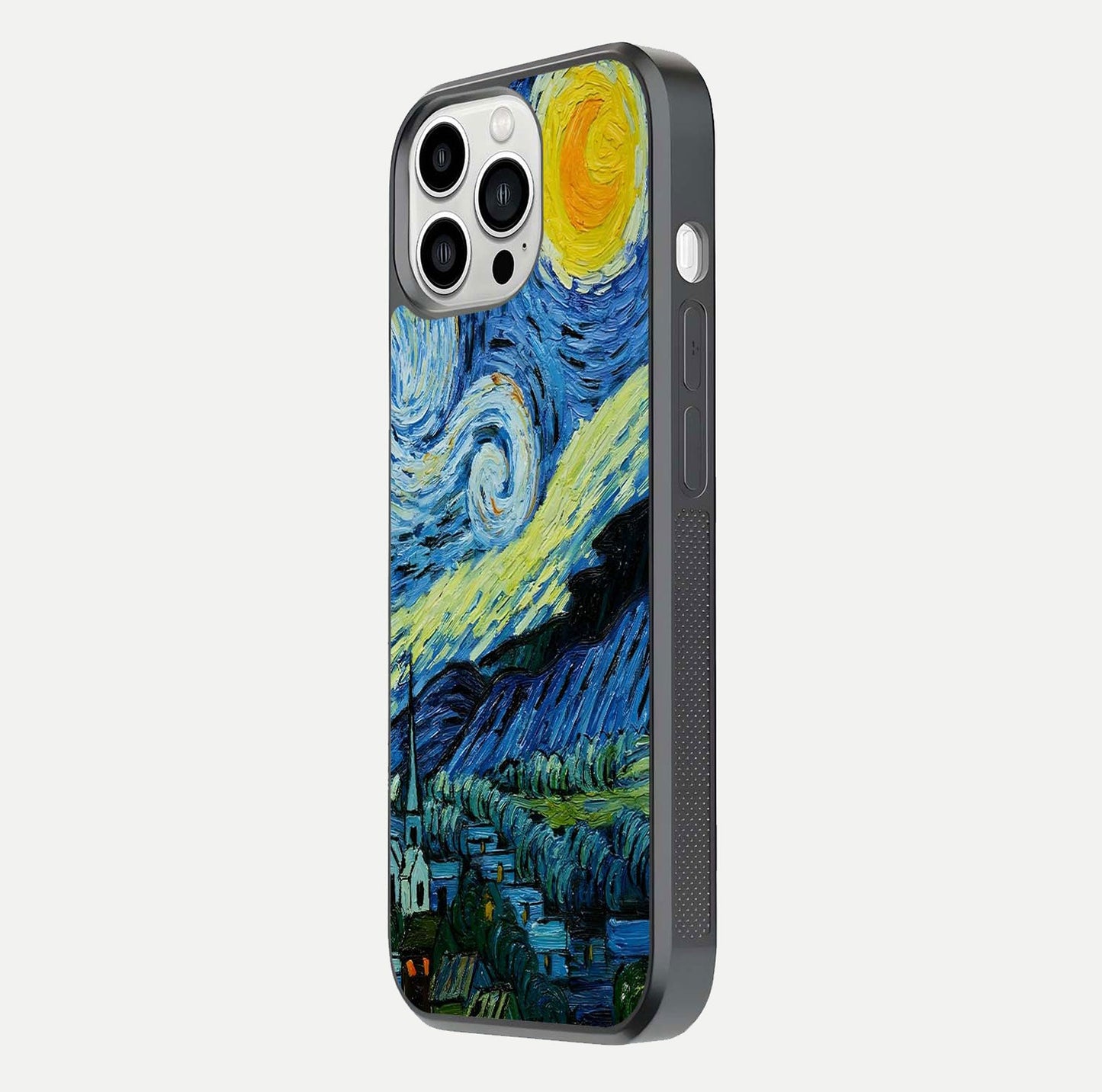 Inspired Van Gogh Art Glass Case for iPhone 13 Pro Max side-angle image showing reflection brilliance and painted surface look