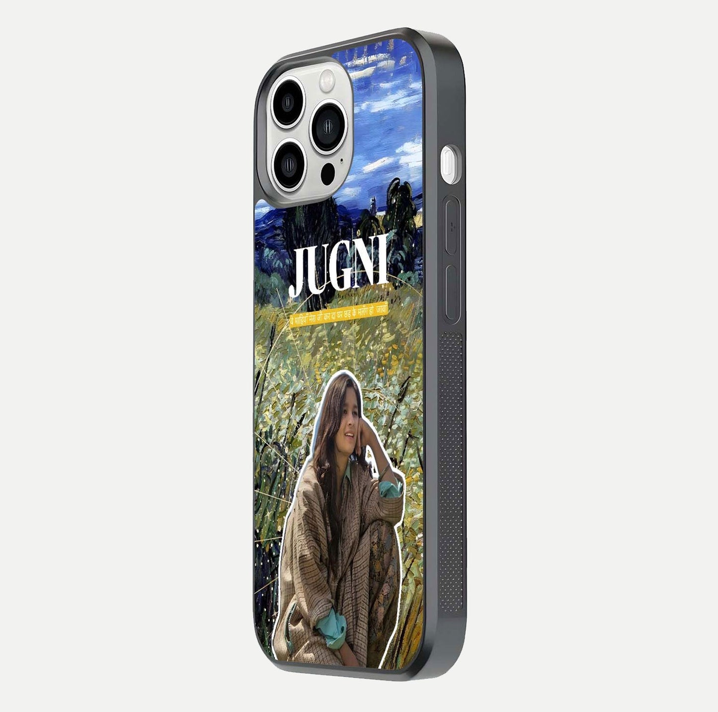 Jugni Soul Vibes Glass Case for iPhone 13 Pro Max side-angle image with stylish typography and HD finish