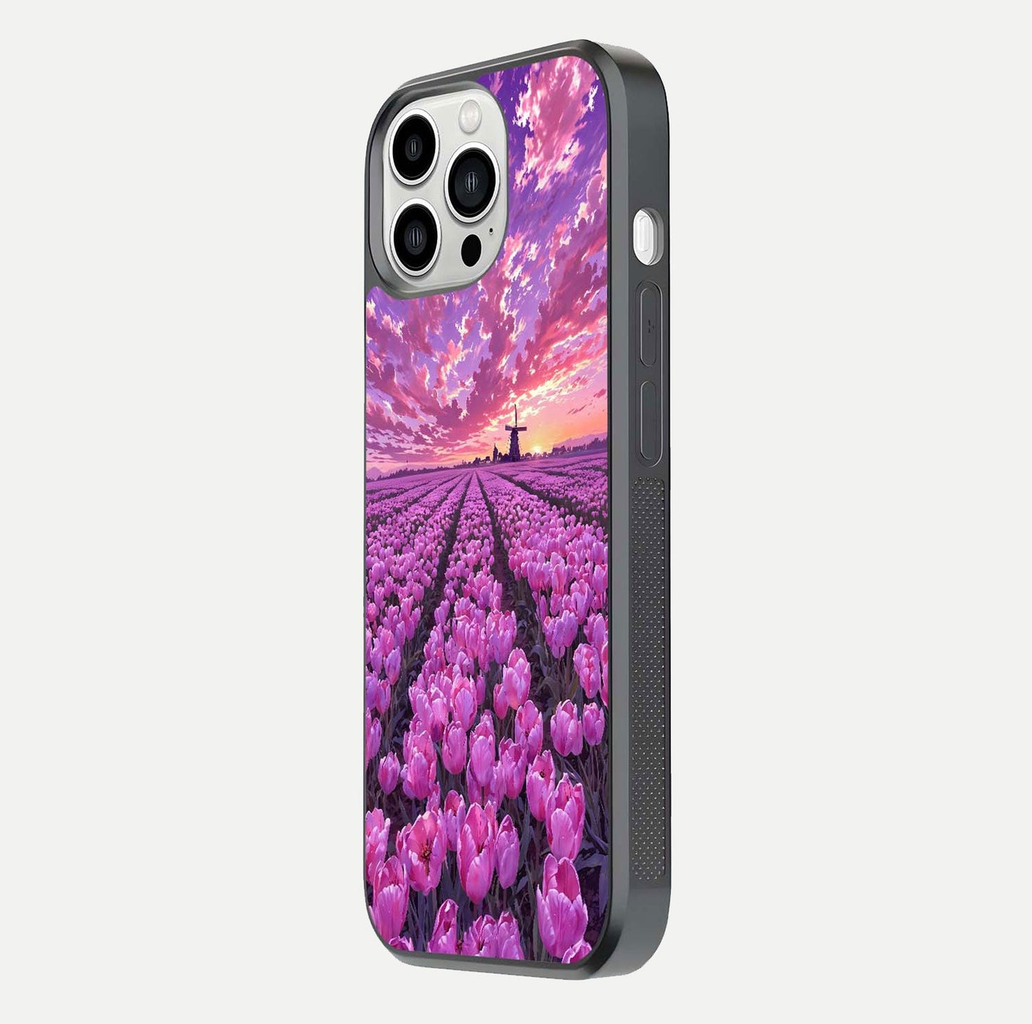 Lavender Dream Skies Glass Case for iPhone 13 Pro Max side-angle image showing reflection depth and serene tones