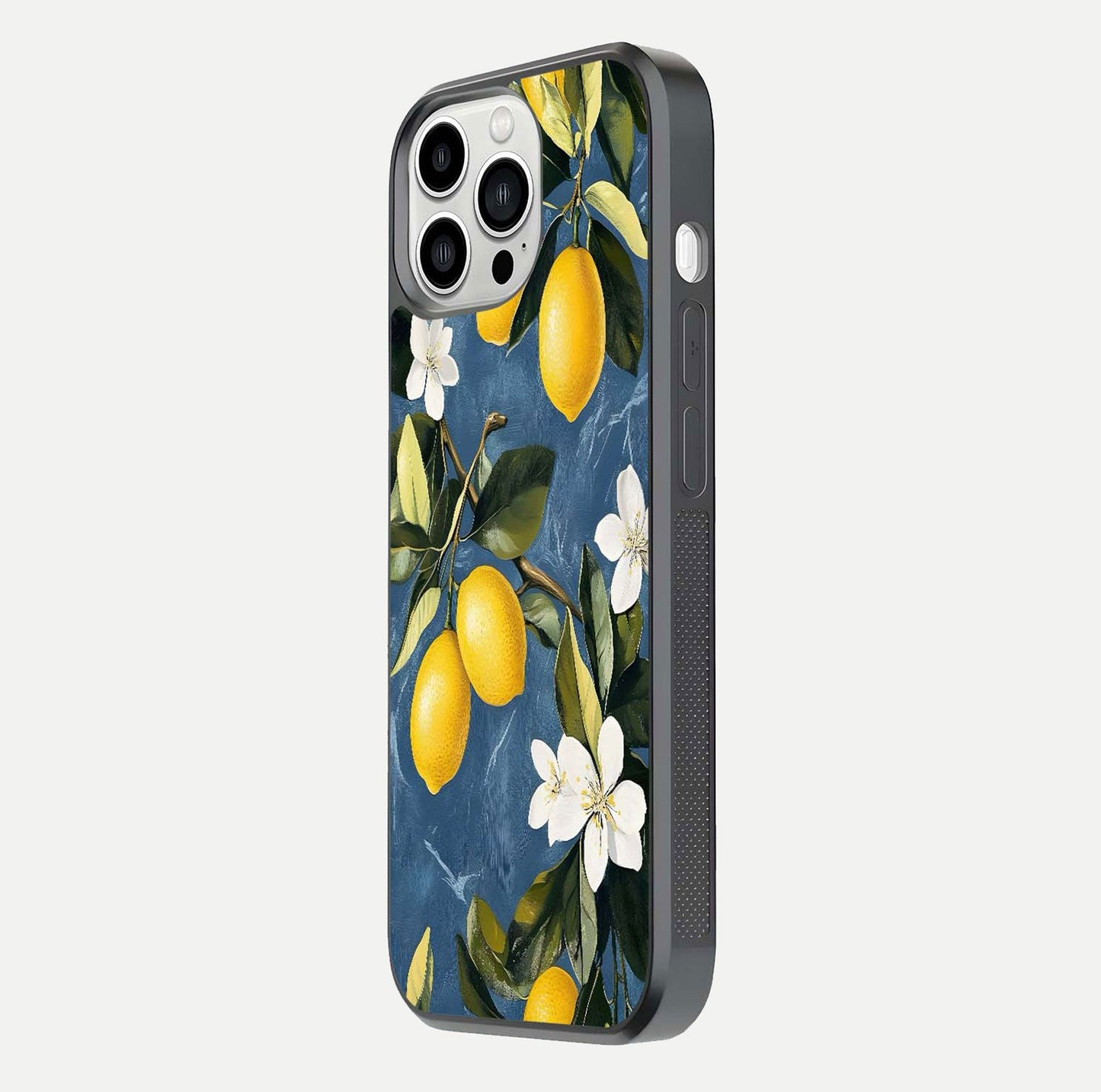 Lemon Dream Garden Glass Case for iPhone 13 Pro Max side-angle image showing reflection clarity and artistic fruit design