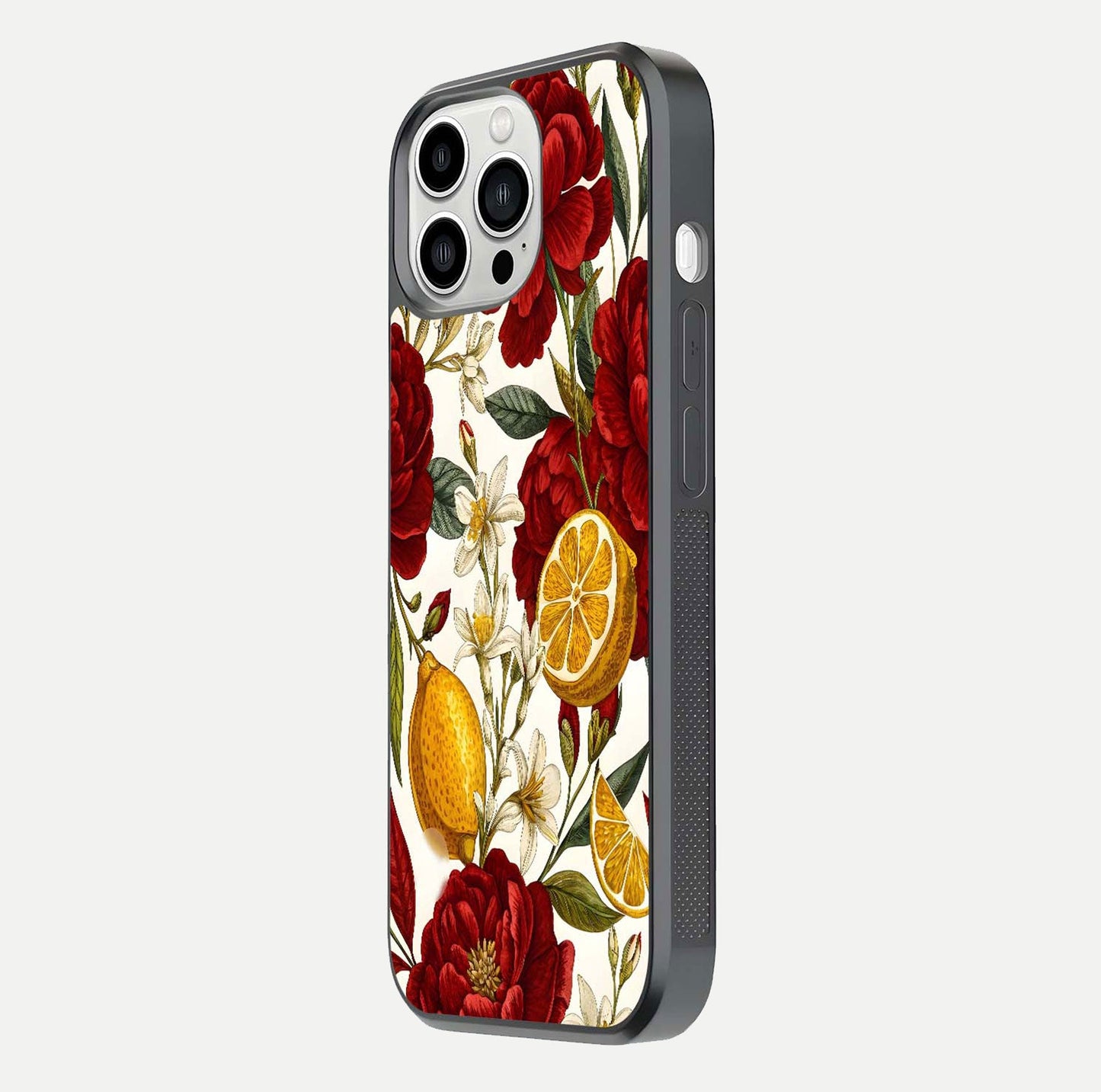 Lemon Rose Charm Glass Case for iPhone 13 Pro Max side-angle image revealing reflection depth and vibrant flower art