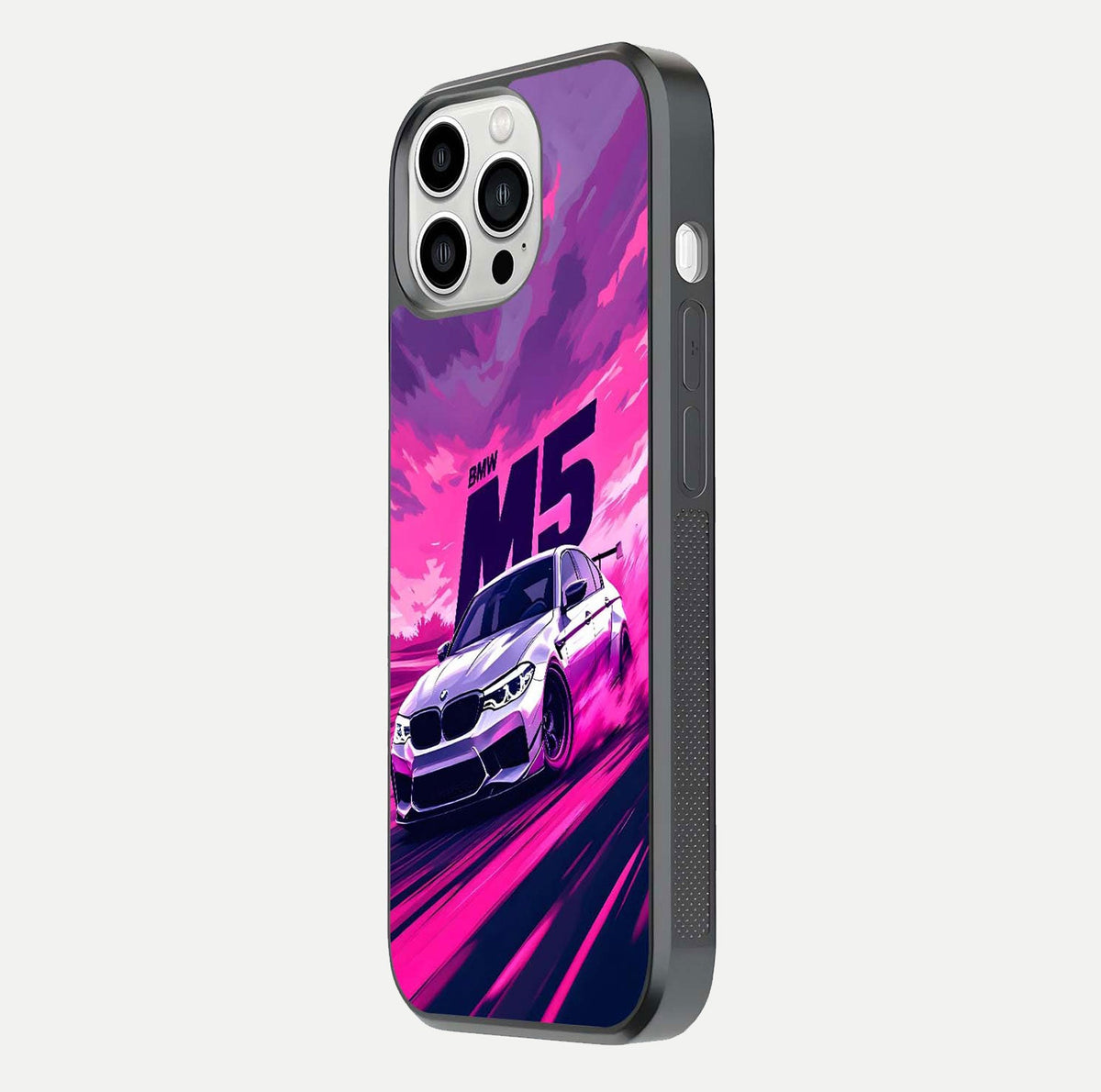 MS Neon Car Glass Case for iPhone 13 Pro Max side-angle image showing glow reflection and car detailing