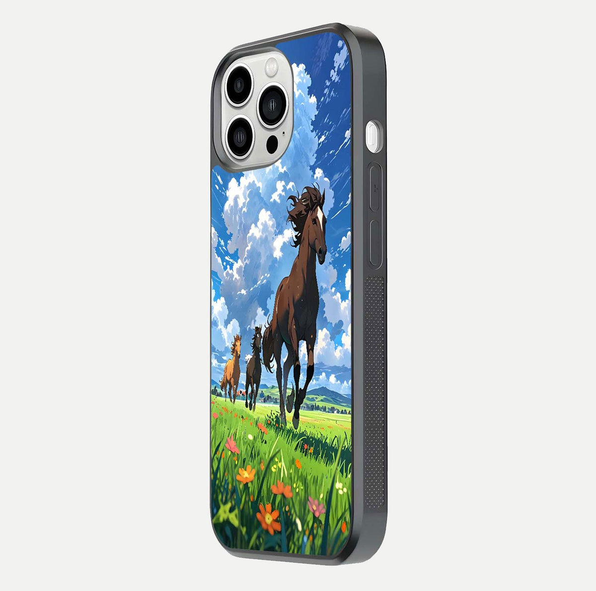 Majestic Horses Galloping Glass Case for iPhone 13 Pro Max side-angle shot emphasizing reflection and running artwork