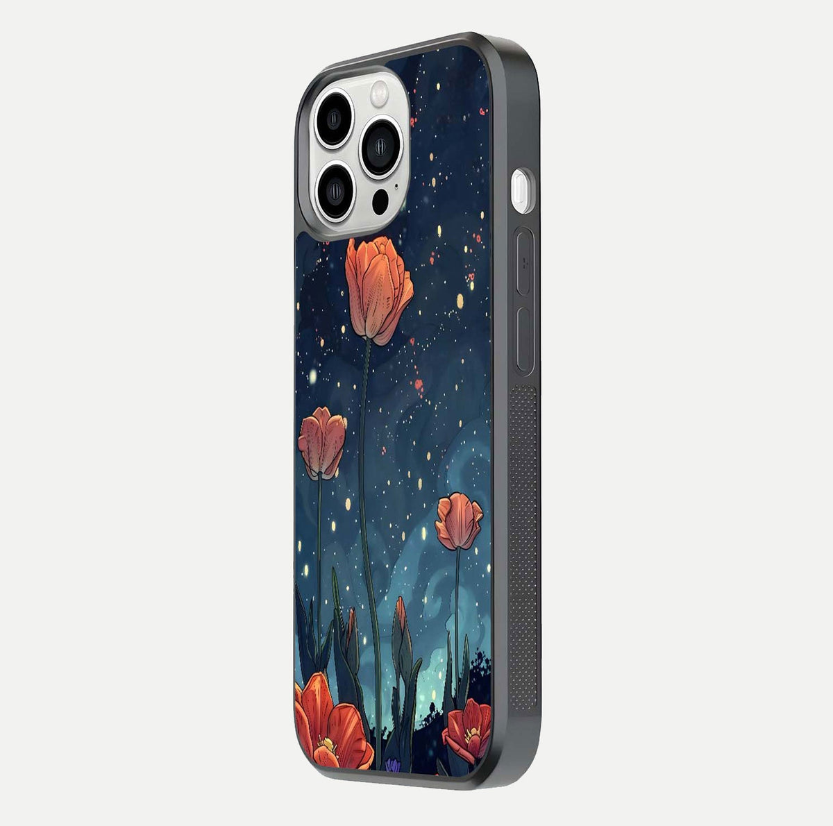 Midnight Tulip Glow Glass Case for iPhone 13 Pro Max side-angle image showing shine depth and flower artwork