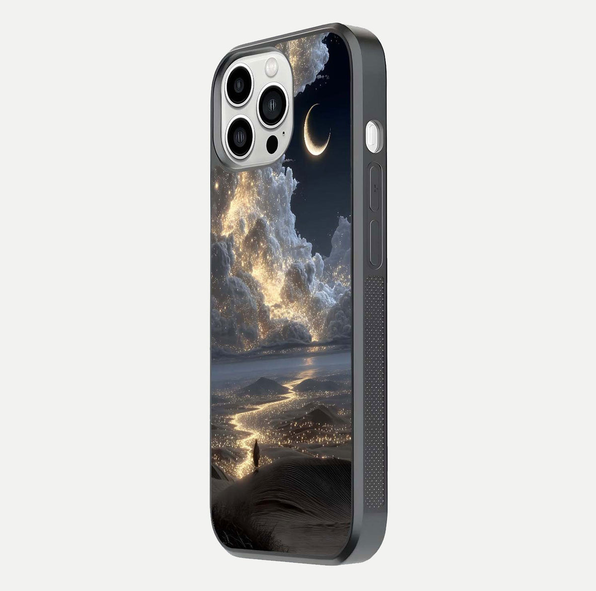 Moonlight Spark Path Glass Case for iPhone 13 Pro Max side-angle image showing reflection and moonlit detail