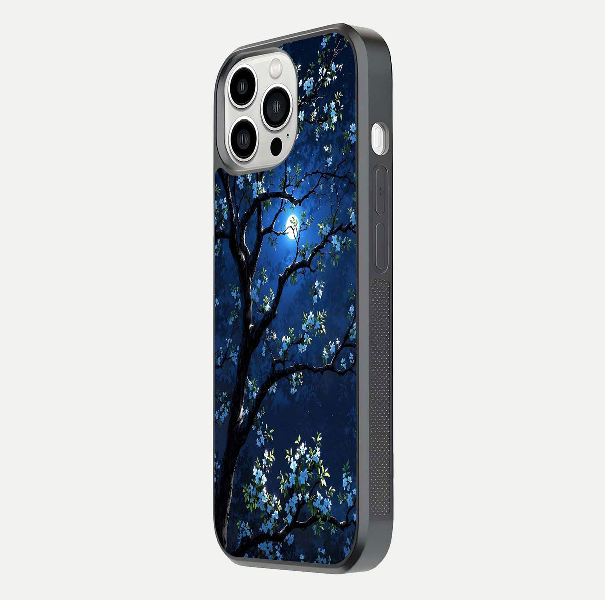 Mystic Floral Night Glass Case for iPhone 13 Pro Max side-angle image showing gloss surface and midnight floral tones