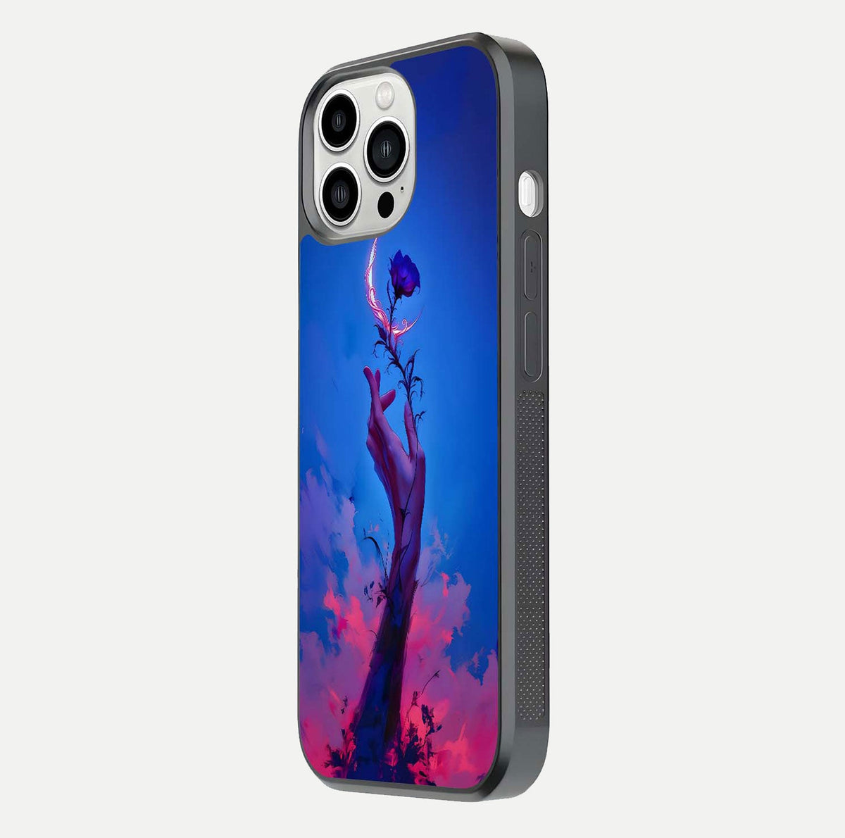 Mystic Hand Glass Case for iPhone 13 Pro Max side-angle image showing reflection depth and sacred aesthetic