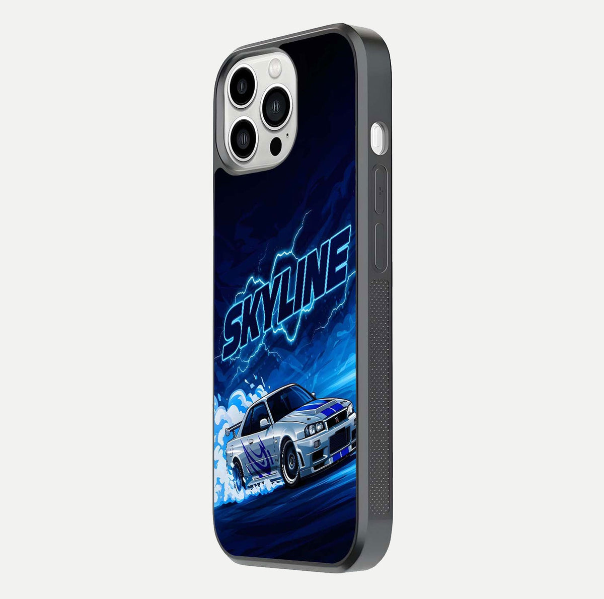 Neon Drift Beast Glass Case for iPhone 13 Pro Max side-angle image showing reflection depth and bold neon tones