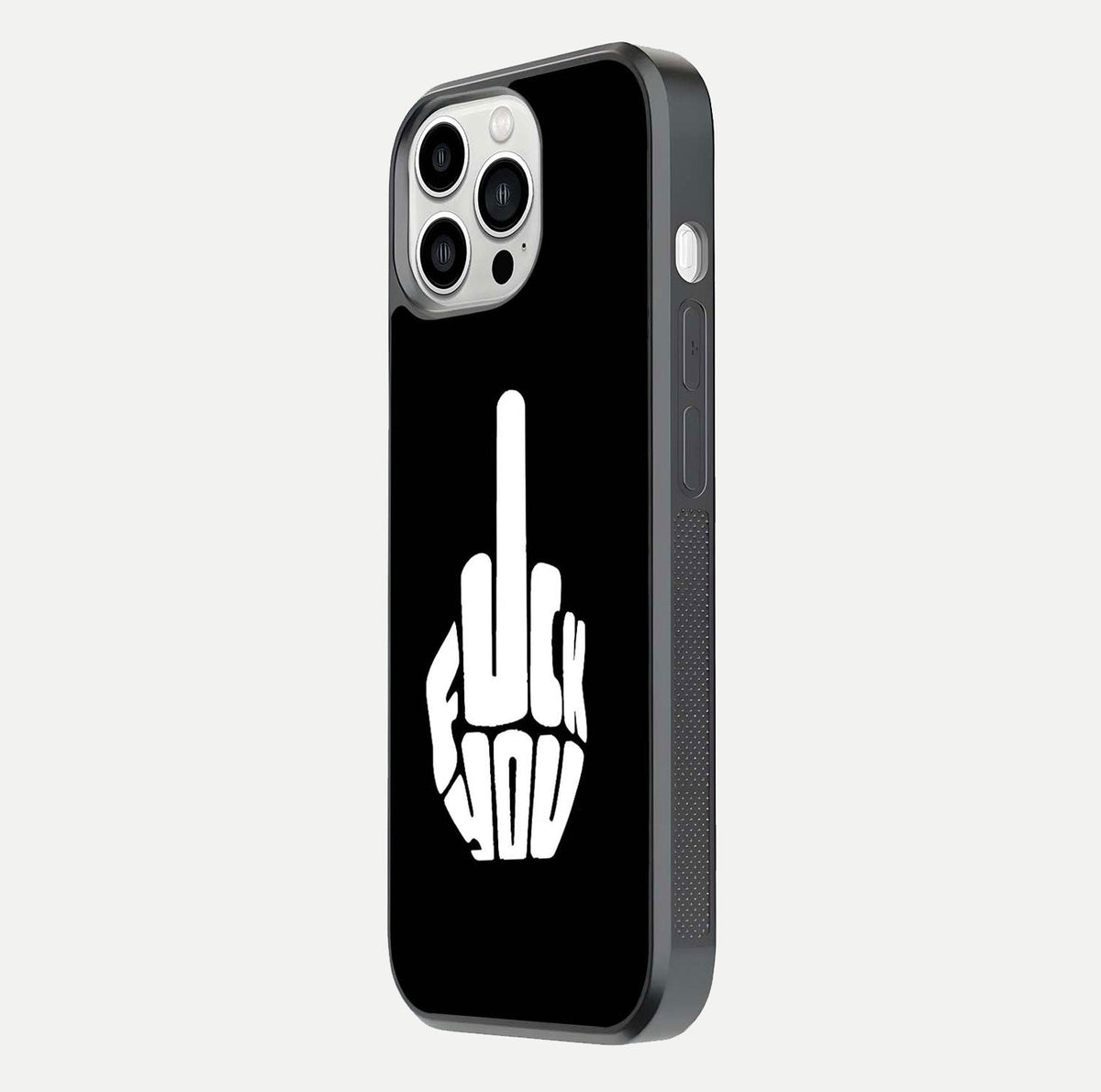 Rebel Mode On Glass Case for iPhone 13 Pro Max side-angle image showing reflection, edge detail, and text clarity