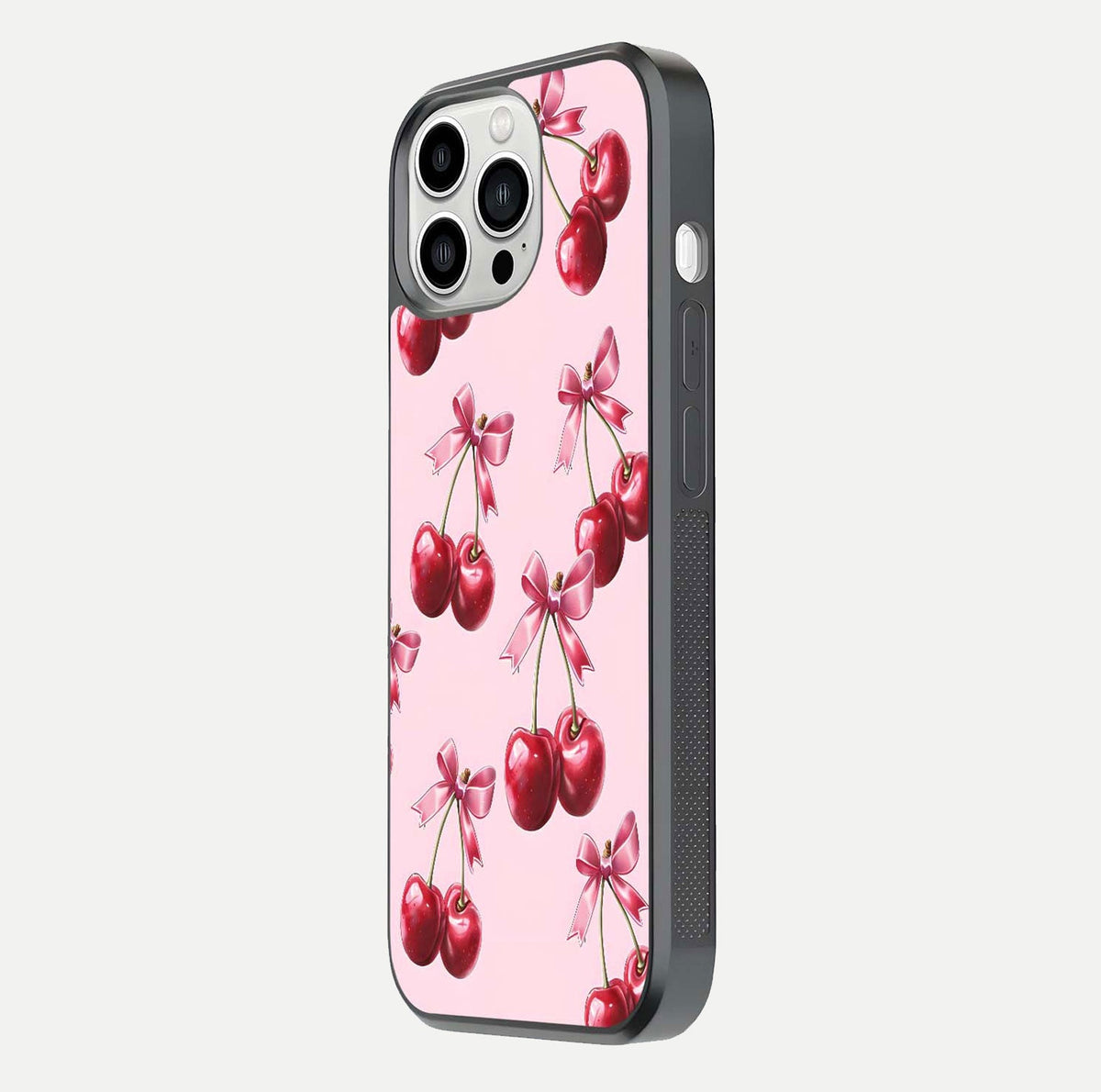 Red Cherries Pattern Glass Case for iPhone 13 Pro Max side-angle image showing gloss surface and cherry details